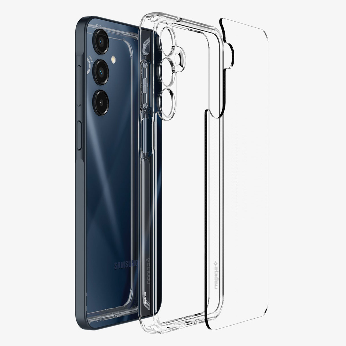 Een doorzichtige telefoonhoes met een telefoon erin, die de achterkant van een blauwe telefoon en de doorzichtige hoes laat zien.