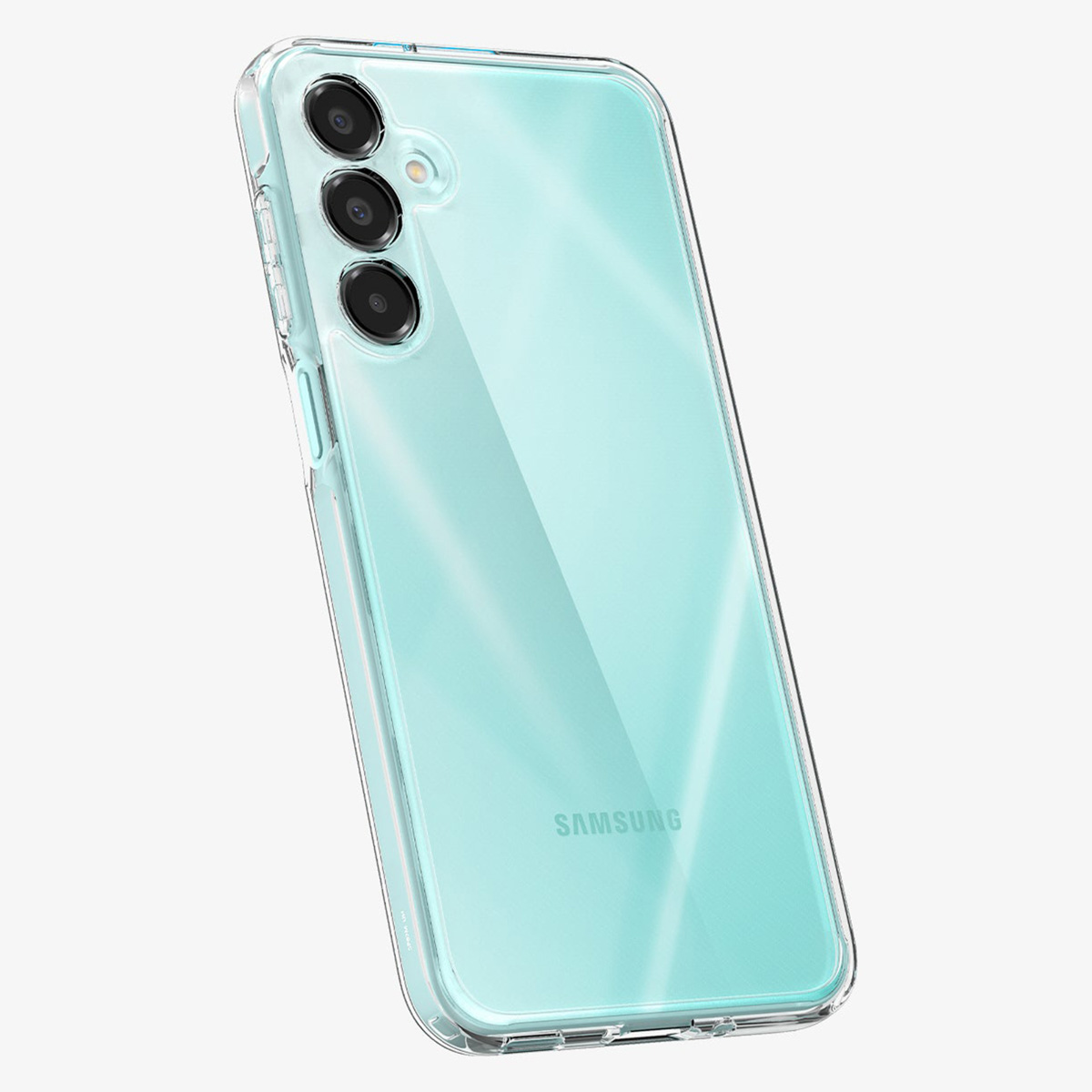 Transparante telefoonhoes, toont een mintgroene telefoon. Drie cameralenzen zichtbaar.
