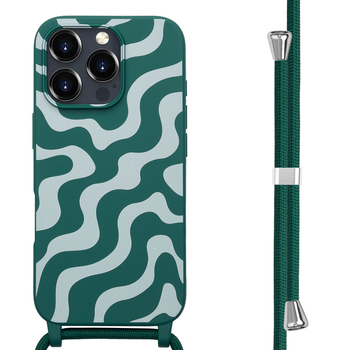 Telefoonhoesje met groen en wit golfpatroon. Hoesje is bevestigd aan een groen koord met zilveren accenten.