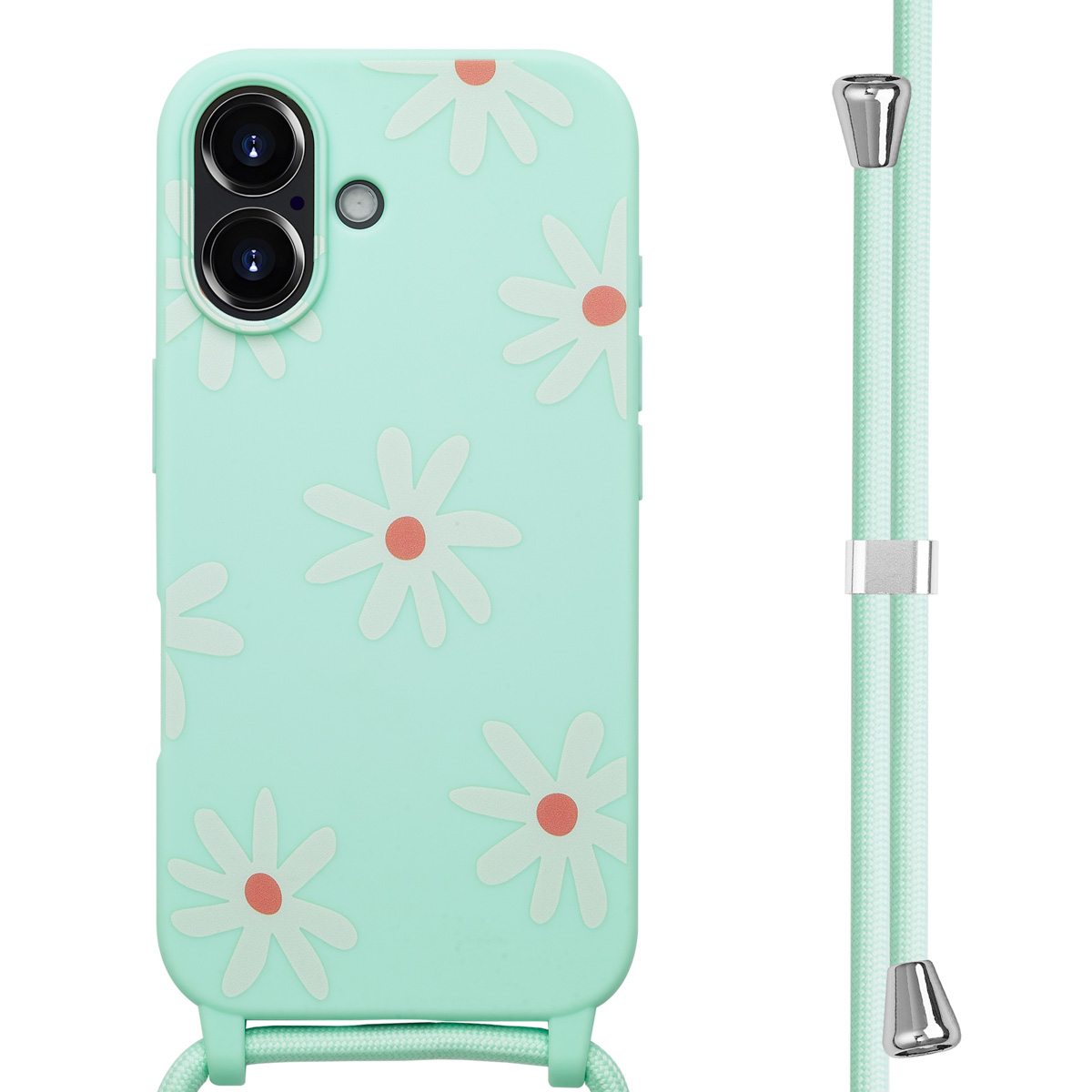 Een mintgroene telefoonhoes met madeliefjes en een bijpassend koord. Het koord heeft zilveren accenten.