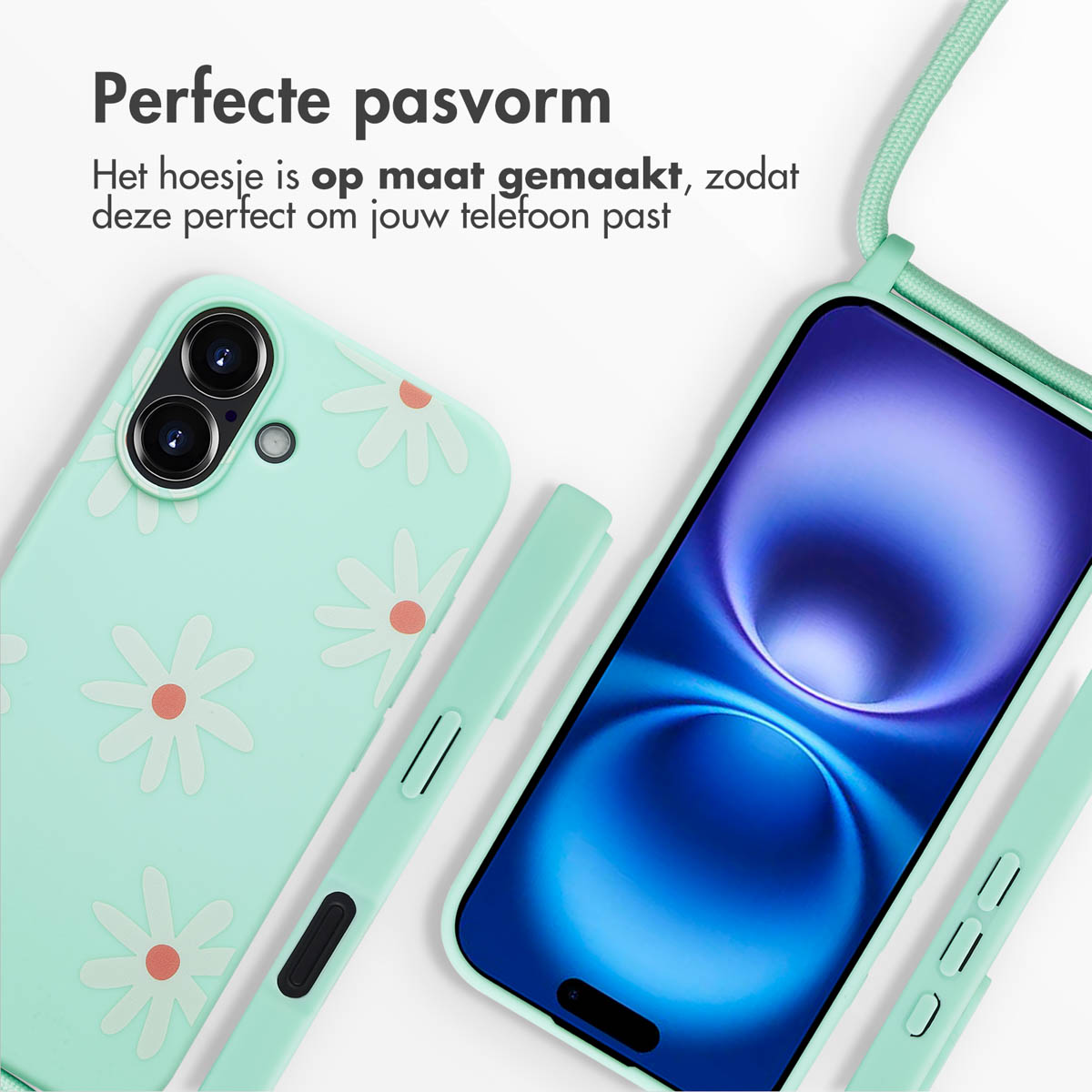 Een mintgroene telefoonhoes met madeliefjes en een telefoon met een blauw scherm.