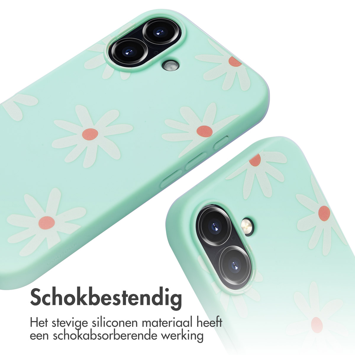 Twee lichtblauwe telefoonhoesjes met witte madeliefpatronen. Tekst zegt 'Schokbestendig' en beschrijft het materiaal.