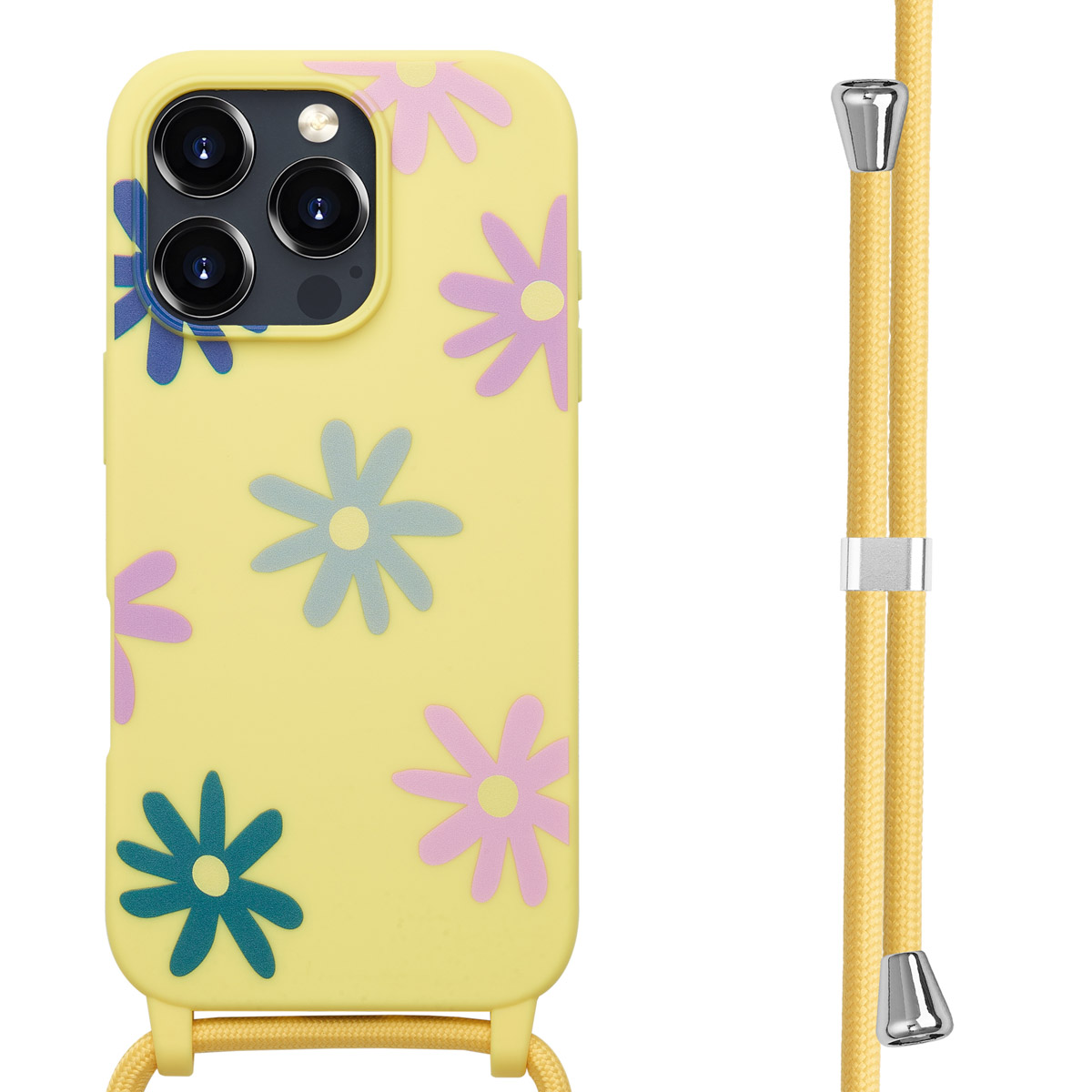 Gele telefoonhoes met bloemmotief. Een gele riem is aan de hoes bevestigd.