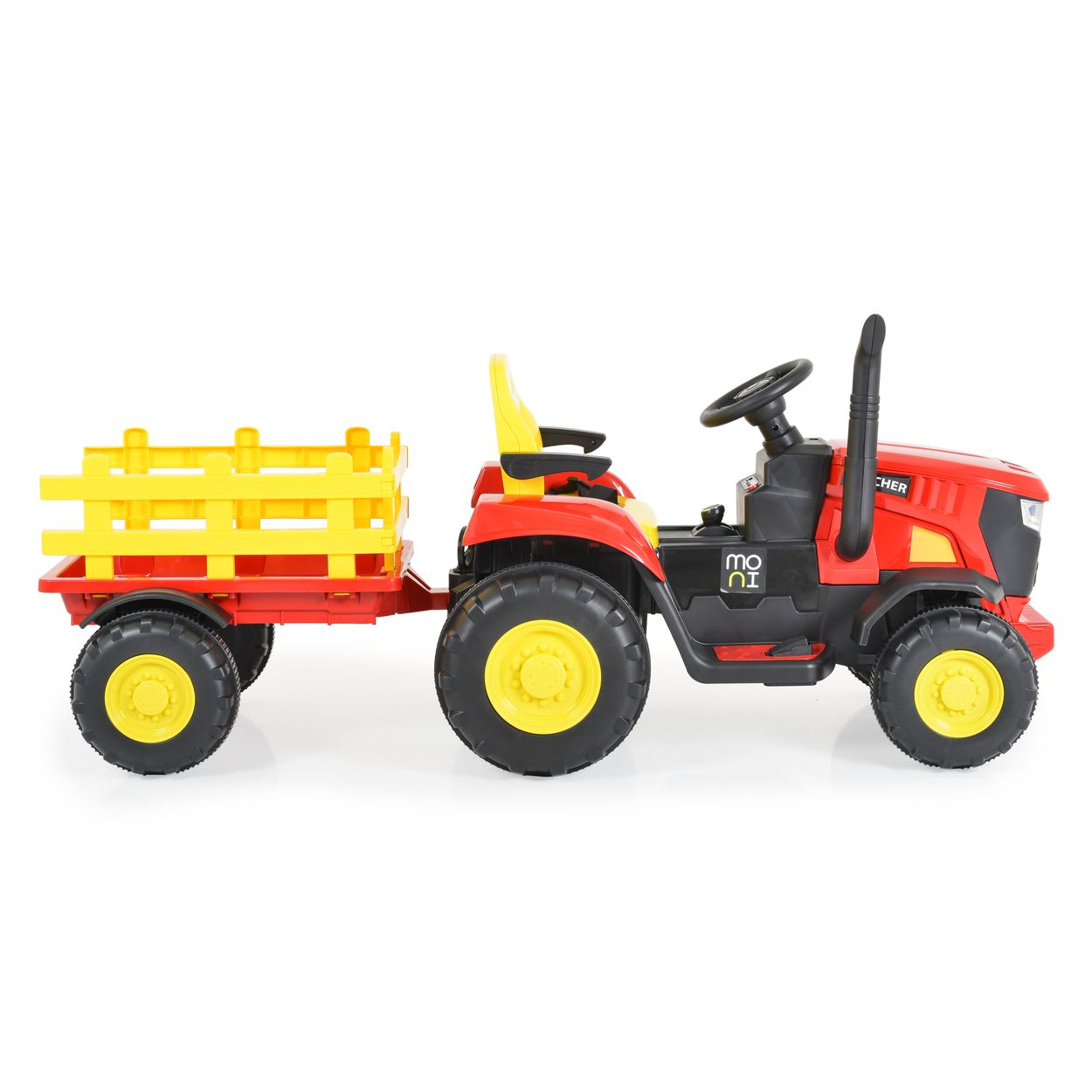 Ein roter und gelber Spielzeugtraktor mit Anhänger. Der Traktor hat einen schwarzen Sitz.