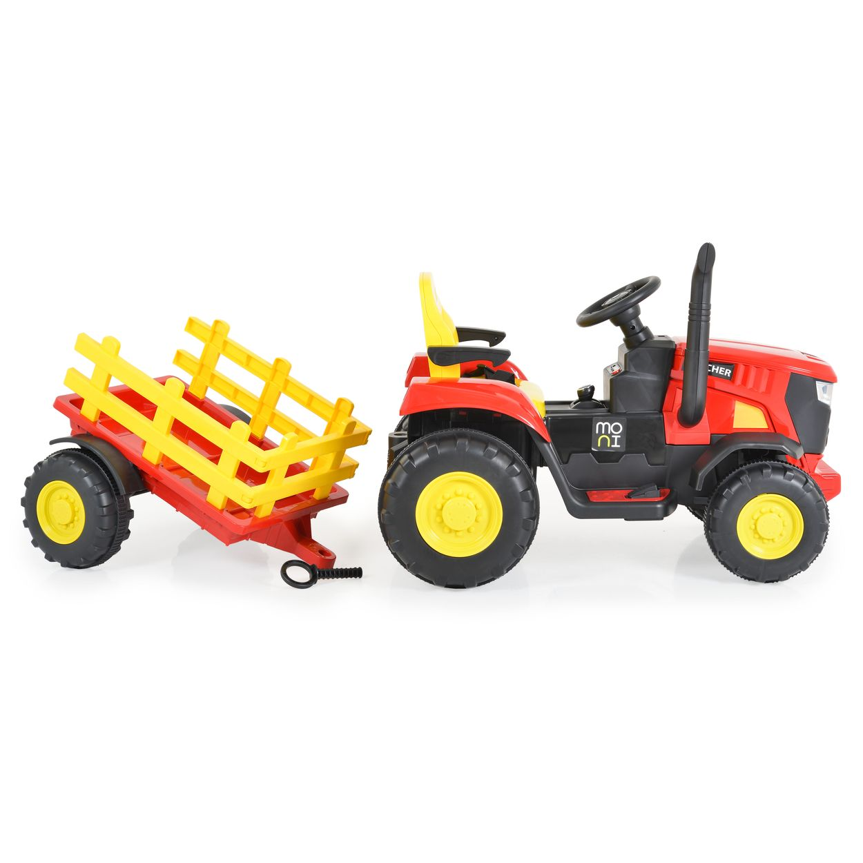 Roter und gelber Spielzeugtraktor mit Anhänger.
