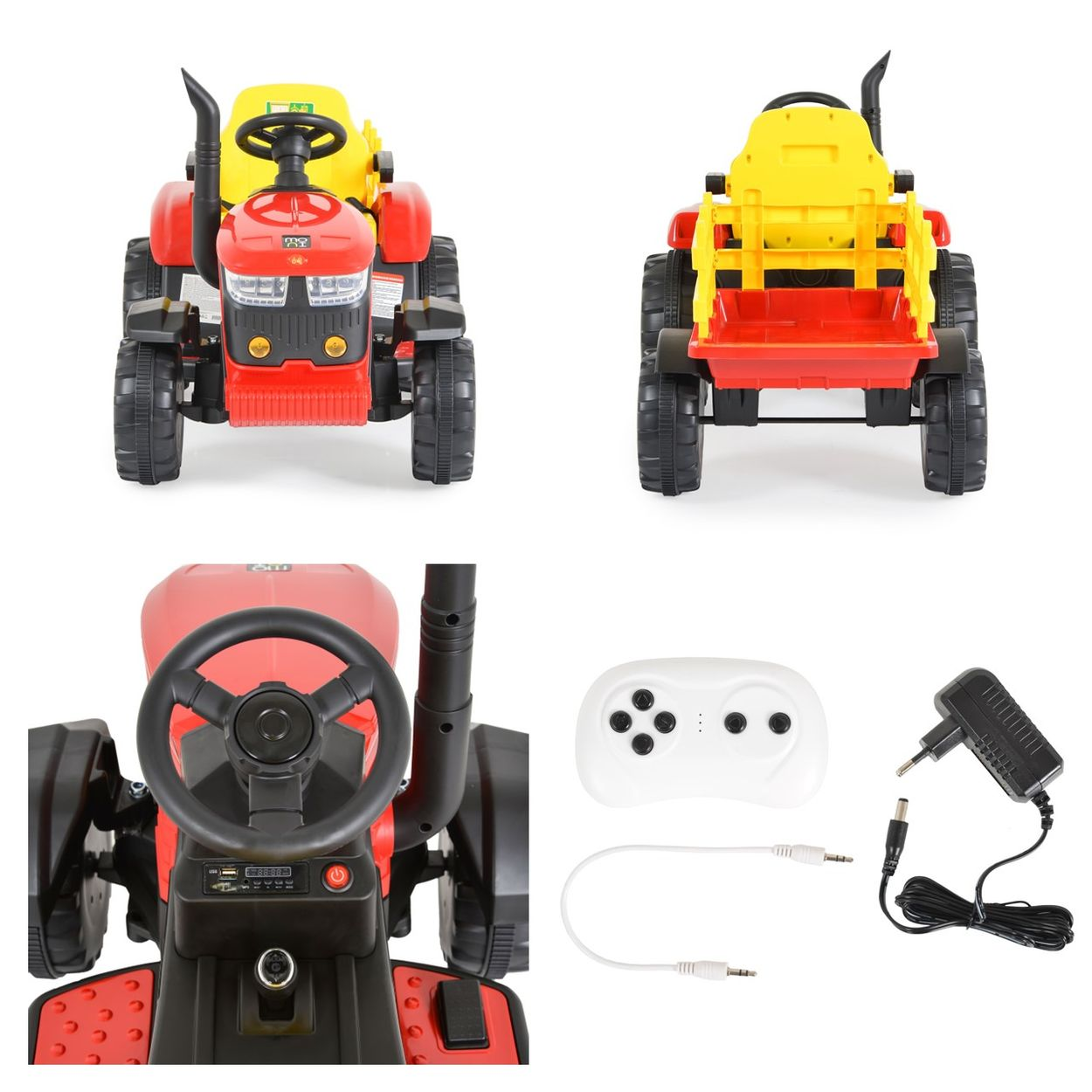 Ein roter und gelber Spielzeugtraktor mit Fernbedienung und Ladegerät. Mehrere Ansichten: vorne, hinten, Nahaufnahme des Lenkrads.