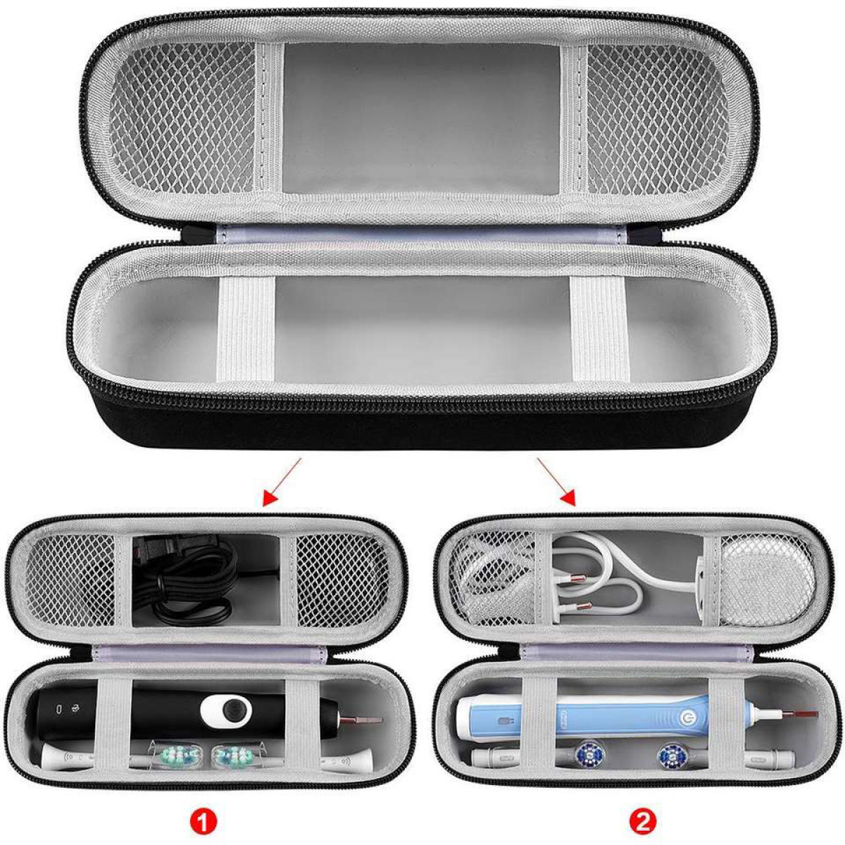 Black travel case, open, showing compartments for an electric toothbrush, charger, and brush heads.
