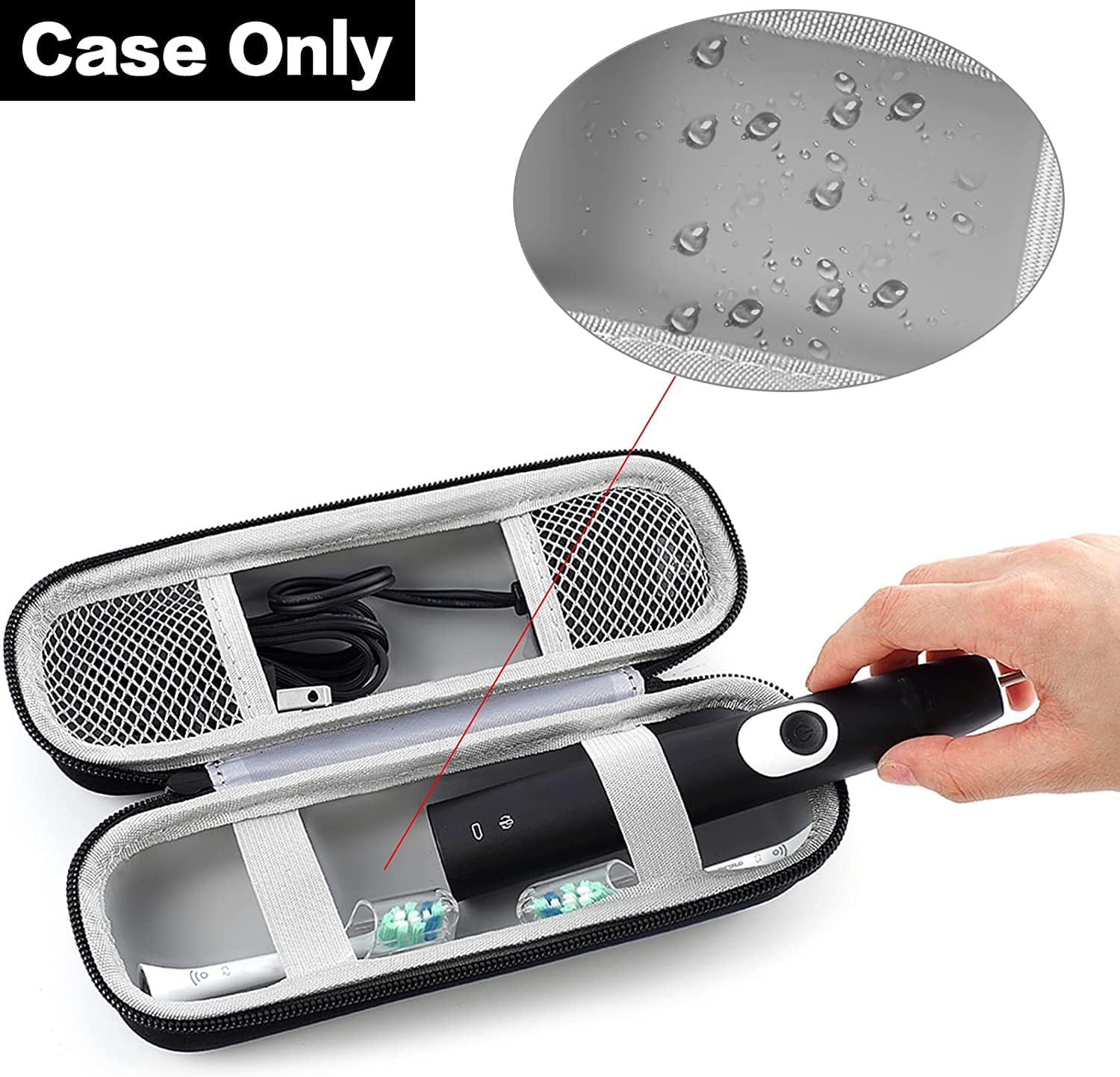 An open black case with a toothbrush, charger, and accessories, with a close-up of the case interior.