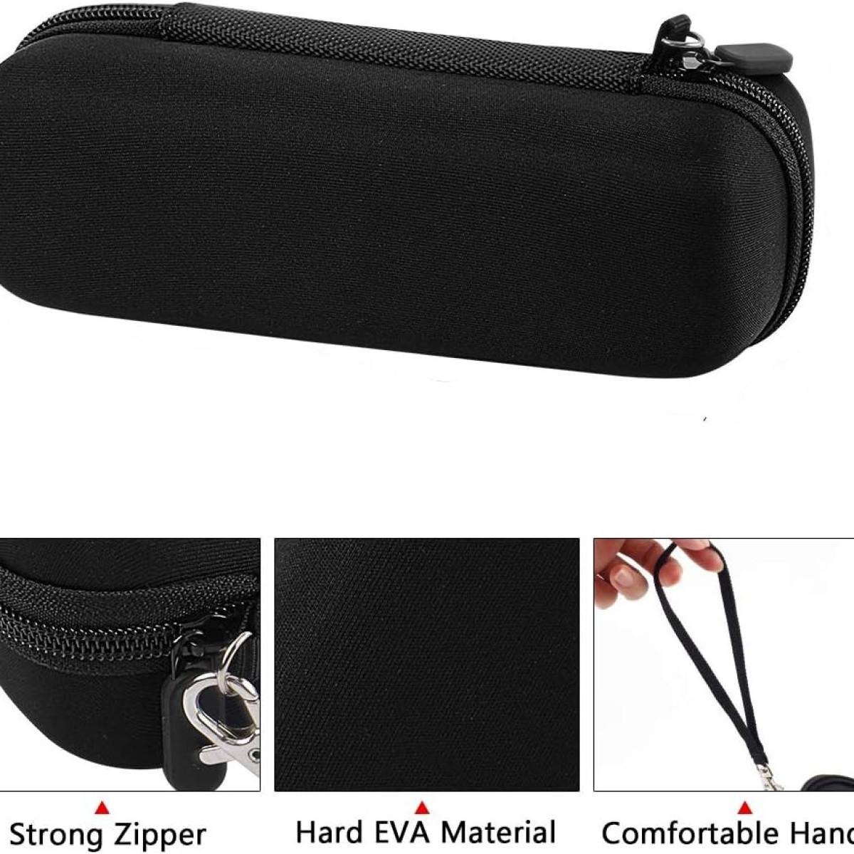 A black glasses case with a zipper, a hard EVA material, and a comfortable handle.