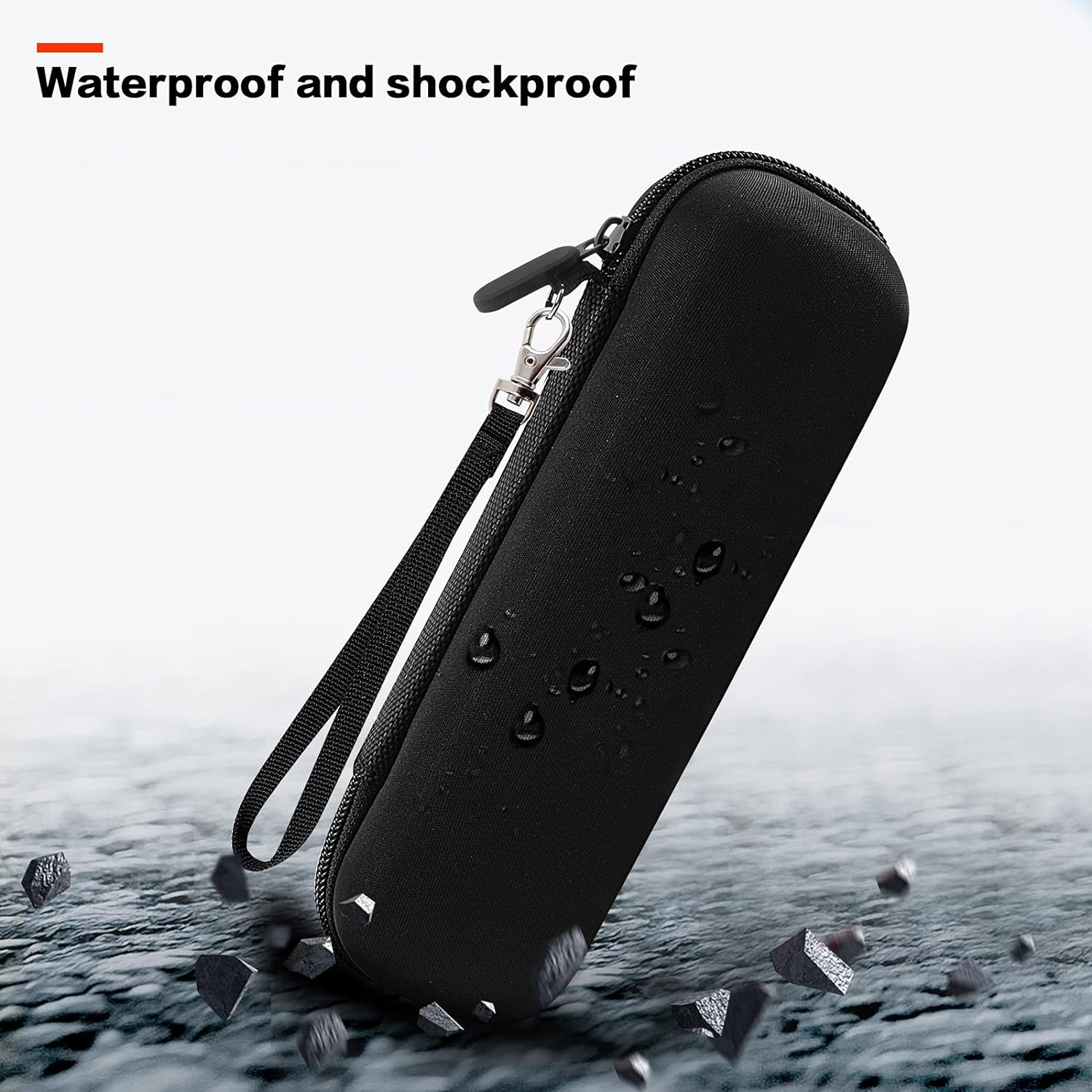 Black, waterproof case with a zipper, handle, and water drops on a stone surface.