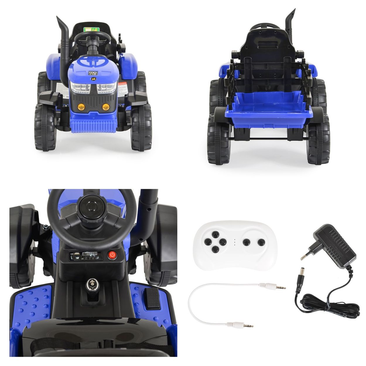Vier Ansichten eines blauen Spielzeugtraktors mit Zubehör: Controller und Ladegerät.