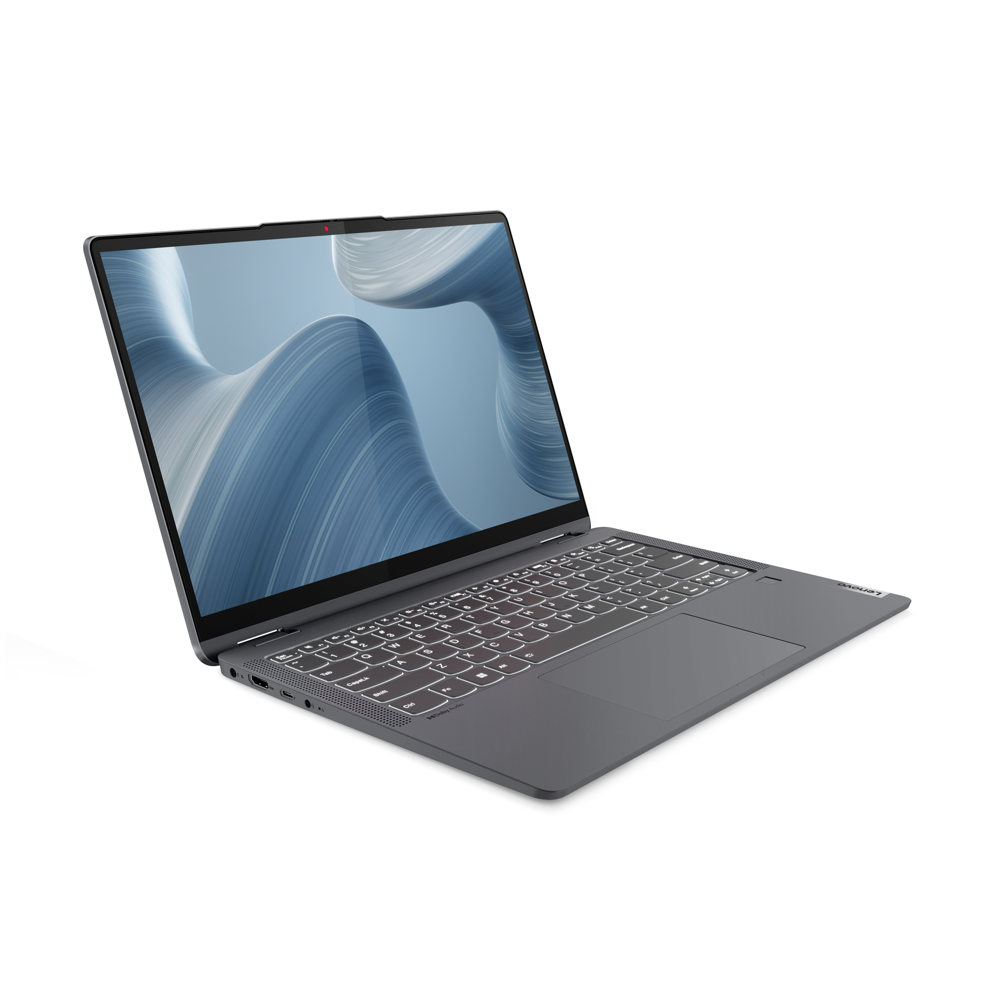 Laptop grigio aperto su sfondo bianco. Schermo con design astratto blu.