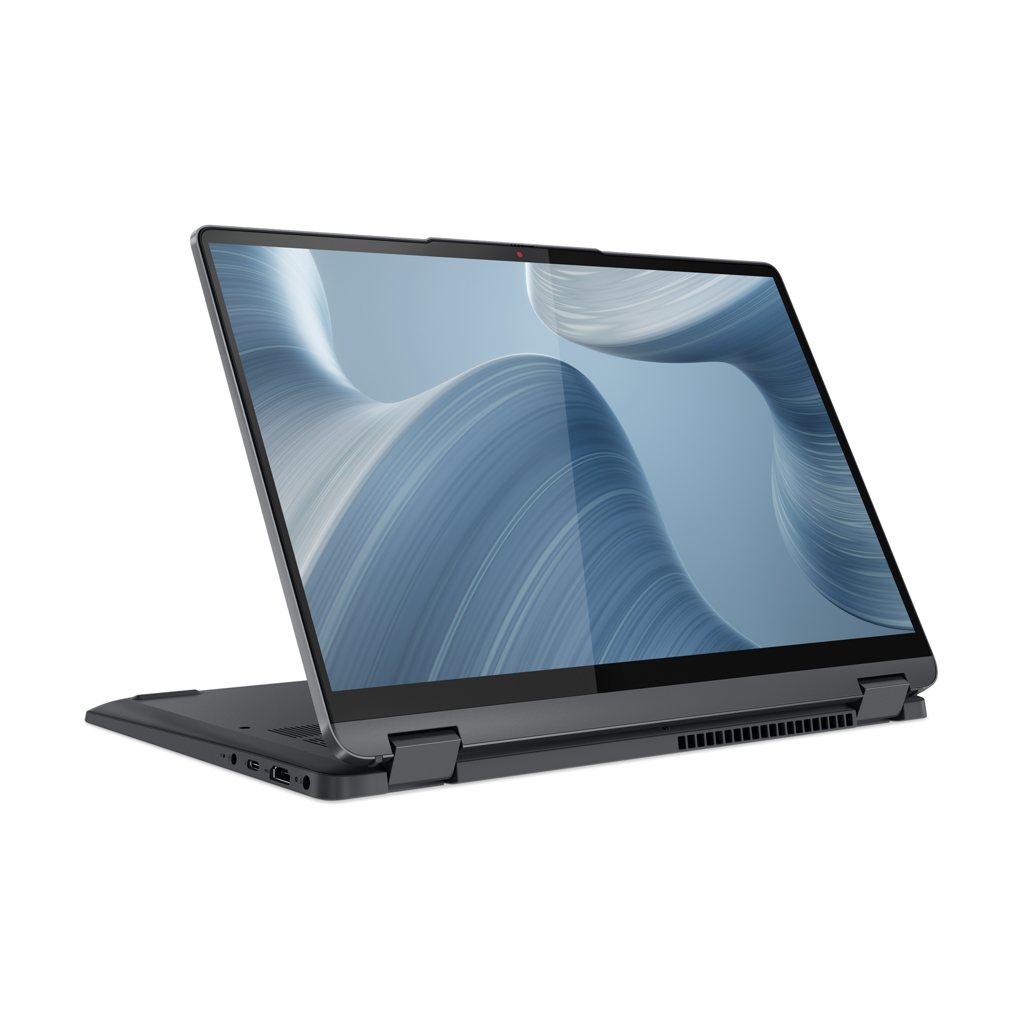 Un laptop grigio con schermo con onde blu è parzialmente aperto su sfondo bianco.