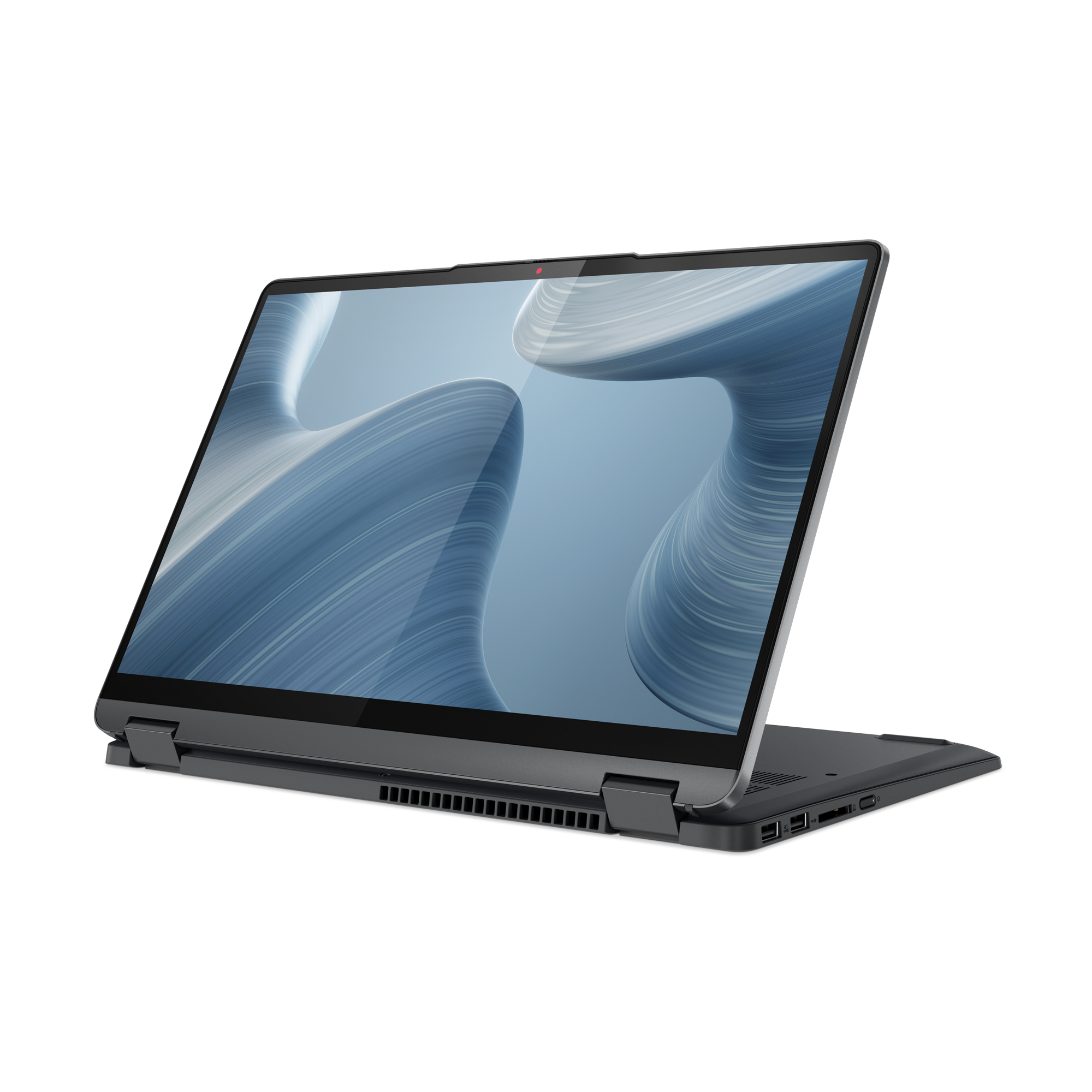 Laptop con design astratto blu e bianco sullo schermo, aperto. Corpo grigio scuro, sfondo bianco.