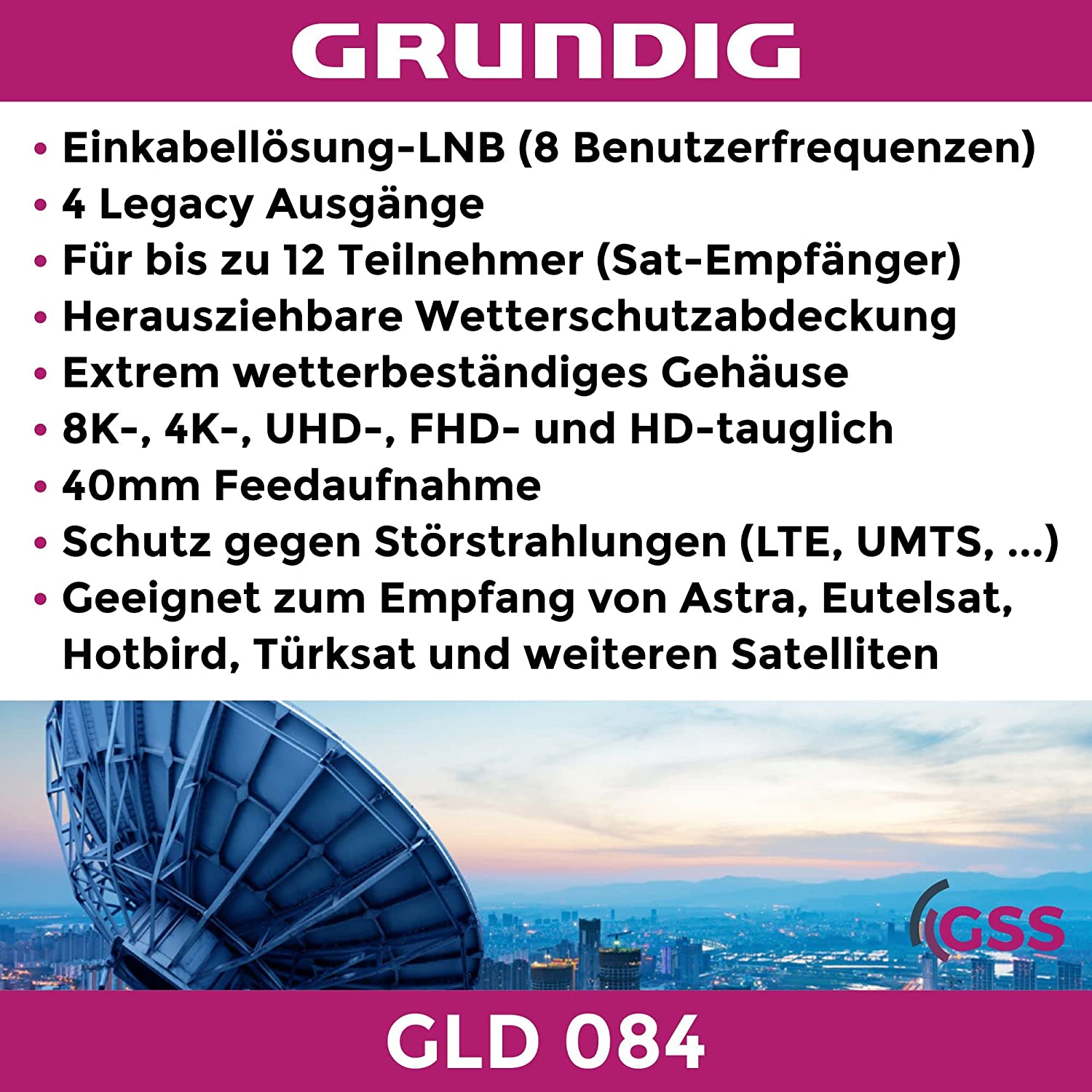 Text mit Produktmerkmalen, im Hintergrund eine Satellitenschüssel.
