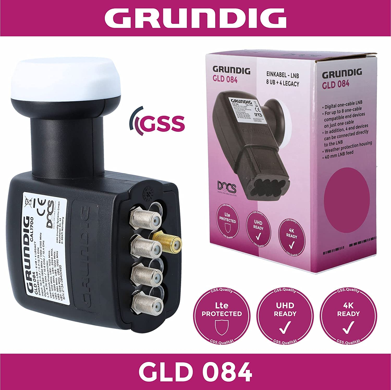 Schwarzes Grundig LNB mit Box. Produktdetails und Logos sind auf der Box abgebildet. Weißer Hintergrund.