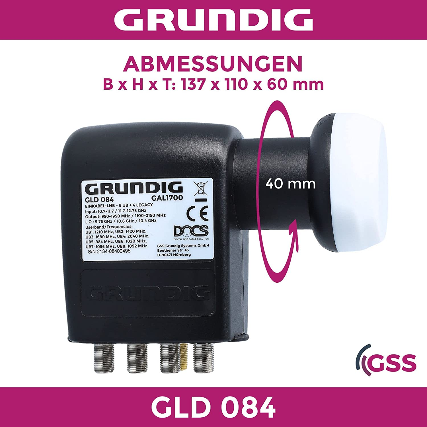 Schwarzer Grundig GLD 084 Empfänger mit Abmessungen. Weißer Stecker rechts. Schwarzer Text auf weißem Hintergrund.