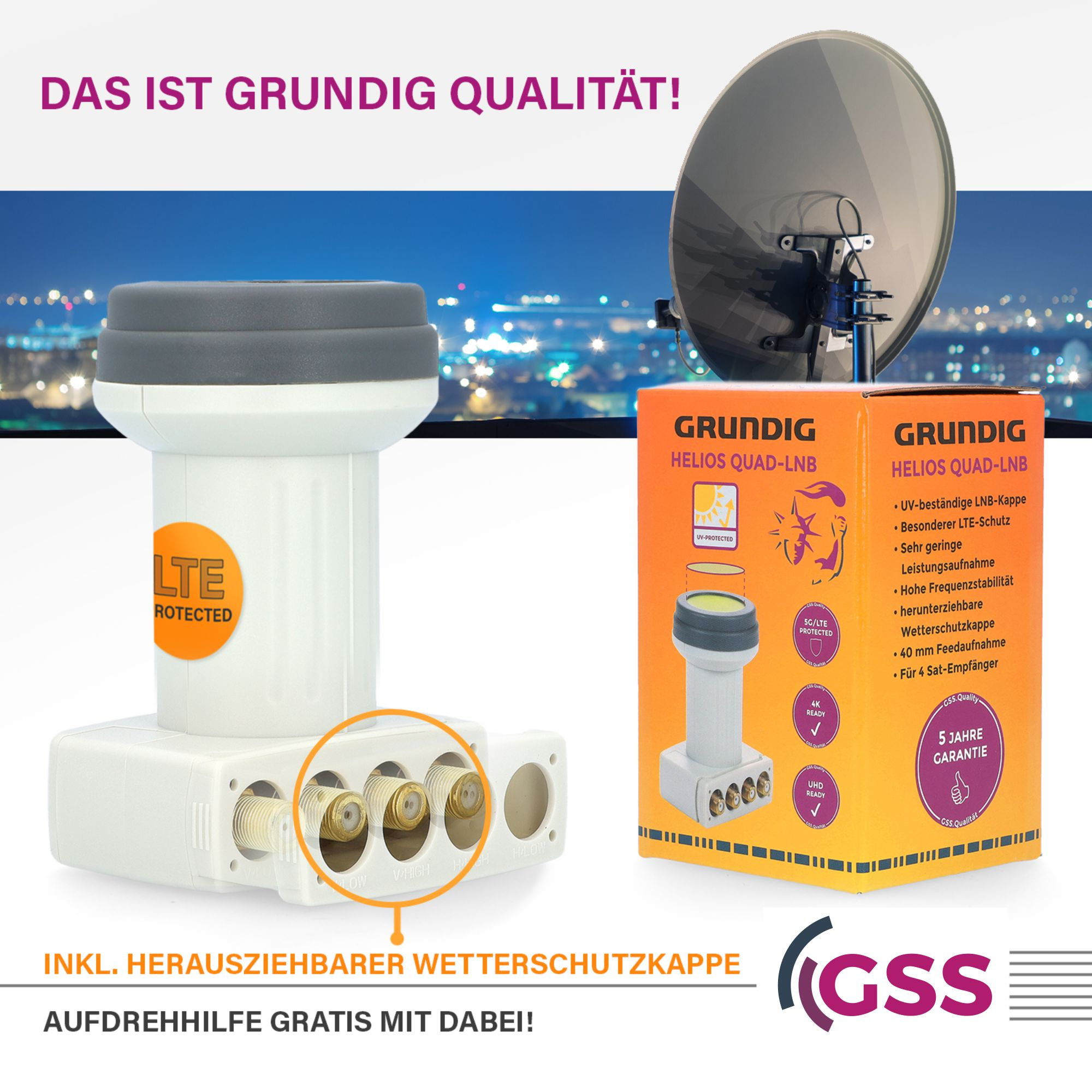 Satellitenschüssel und ein weißes und graues Grundig-Gerät mit Text und Grafiken auf weißem Hintergrund.