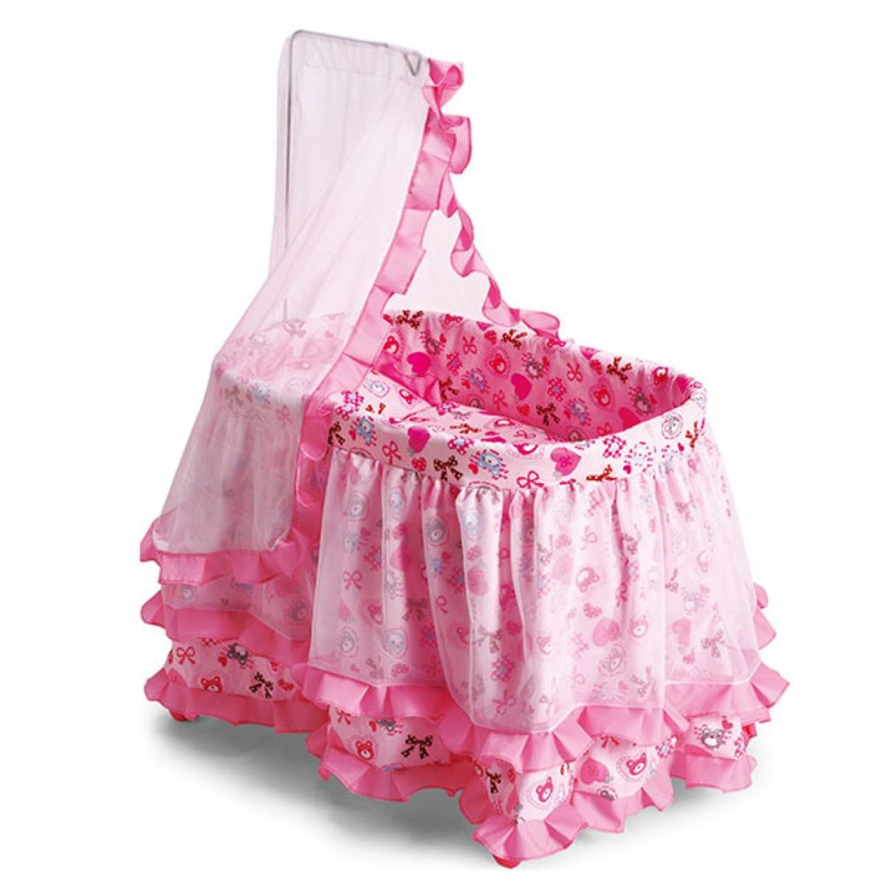 Eine rosa Babywiege mit einem rosa Baldachin und rosa Verzierungen, auf weißem Hintergrund.