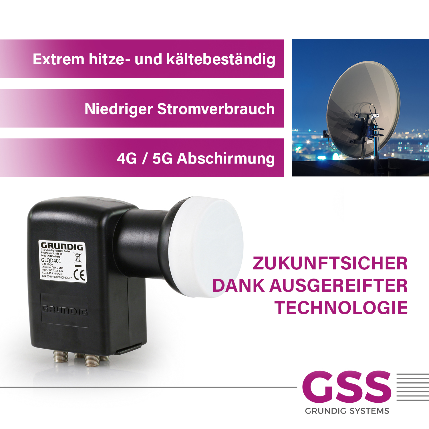 Eine Satellitenschüssel und ein Empfänger werden gezeigt, mit Text über Haltbarkeit, geringen Stromverbrauch und 4G/5G-Abschirmung.