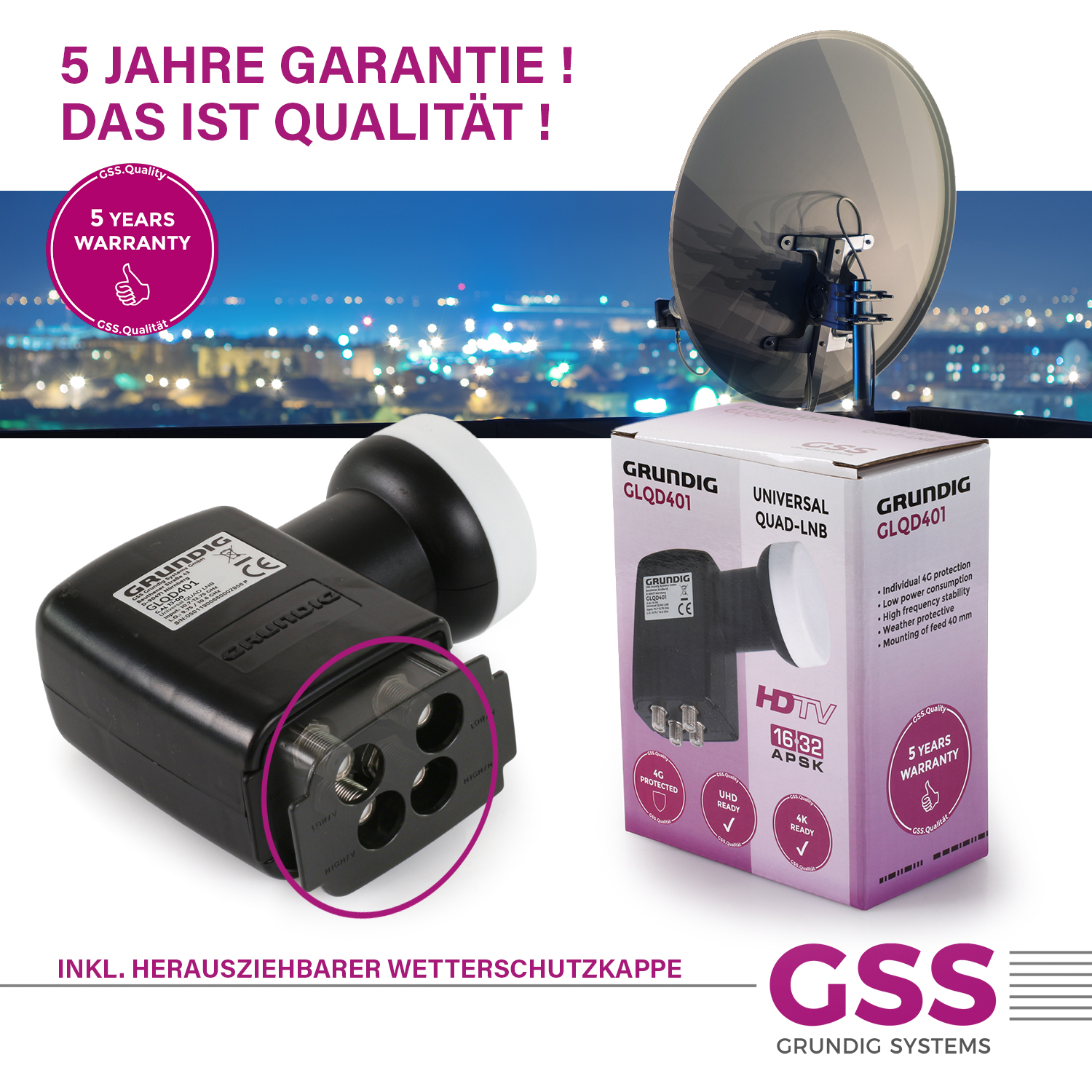 Ein LNB-Empfänger und eine Satellitenschüssel mit Text.