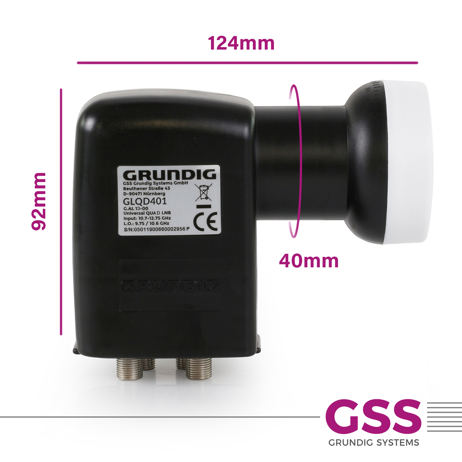 Schwarzes Grundig LNB mit Abmessungen und Textbeschriftungen auf weißem Hintergrund.
