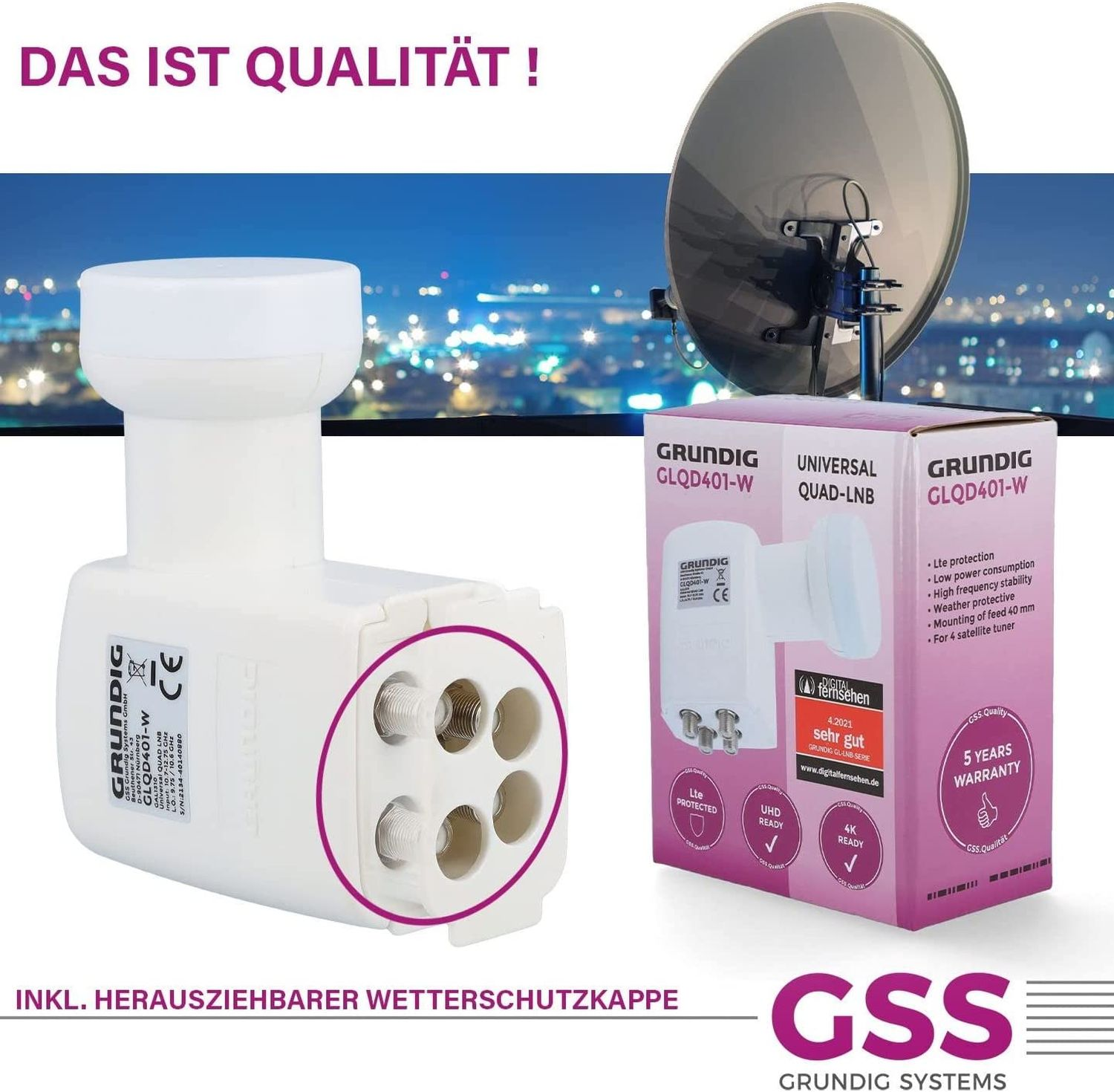 Ein weißes Grundig LNB mit einer Box und einer Satellitenschüssel auf grünem Hintergrund.