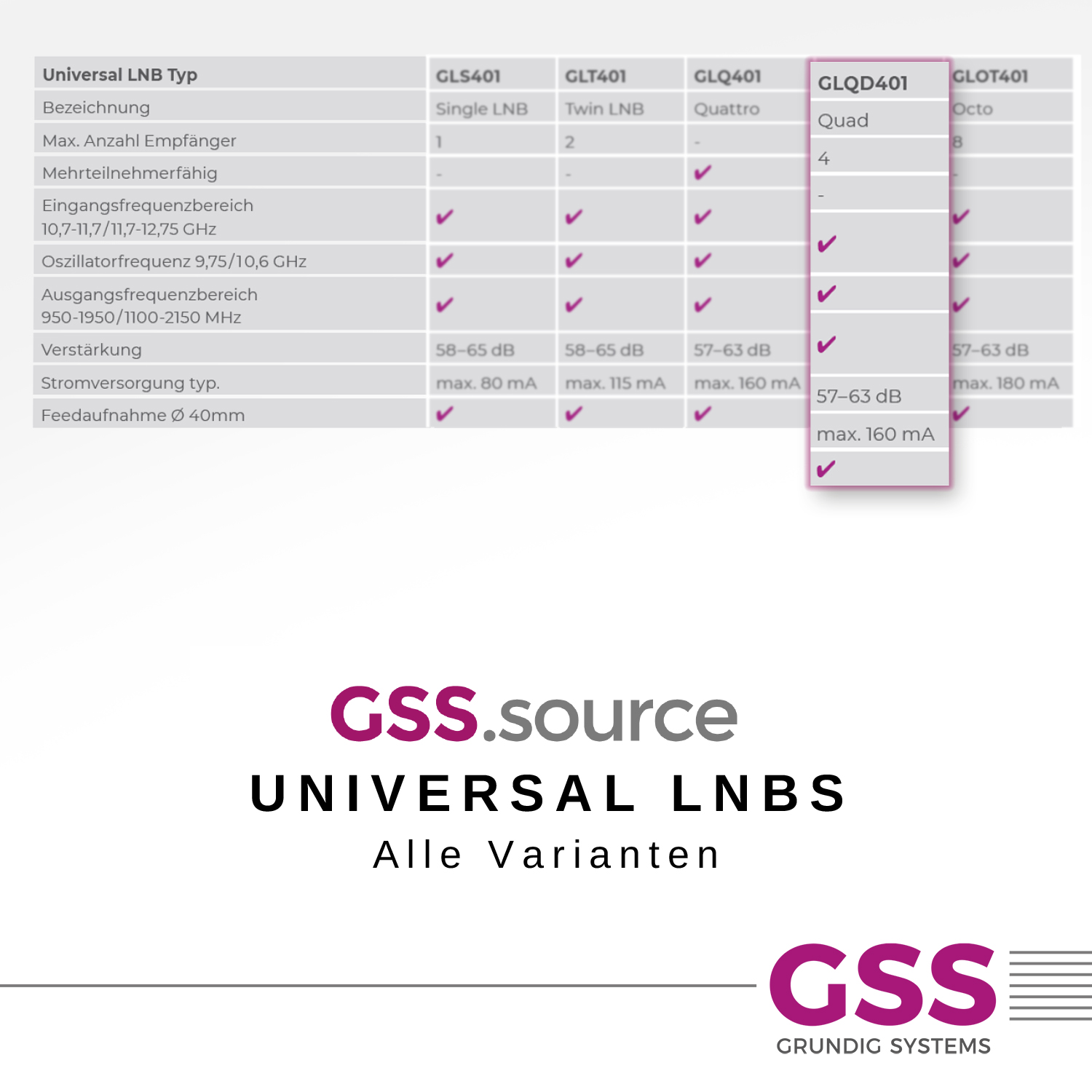 Eine Tabelle mit technischen Details und einem Logo eines Unternehmens über universelle LNBS.