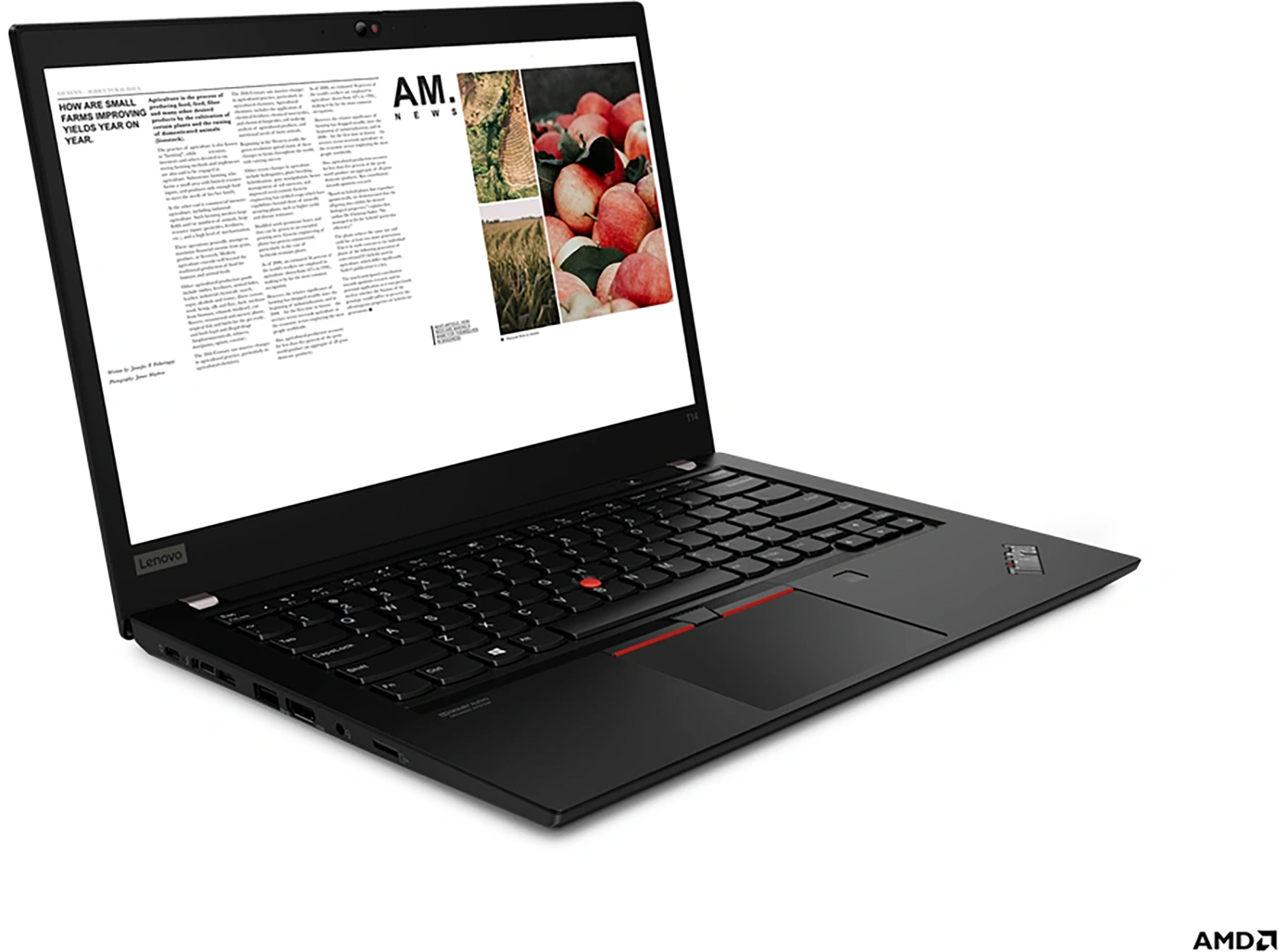 Zwarte laptop open, toont een webpagina. Toetsenbord zichtbaar. Witte achtergrond. Lenovo-logo zichtbaar.