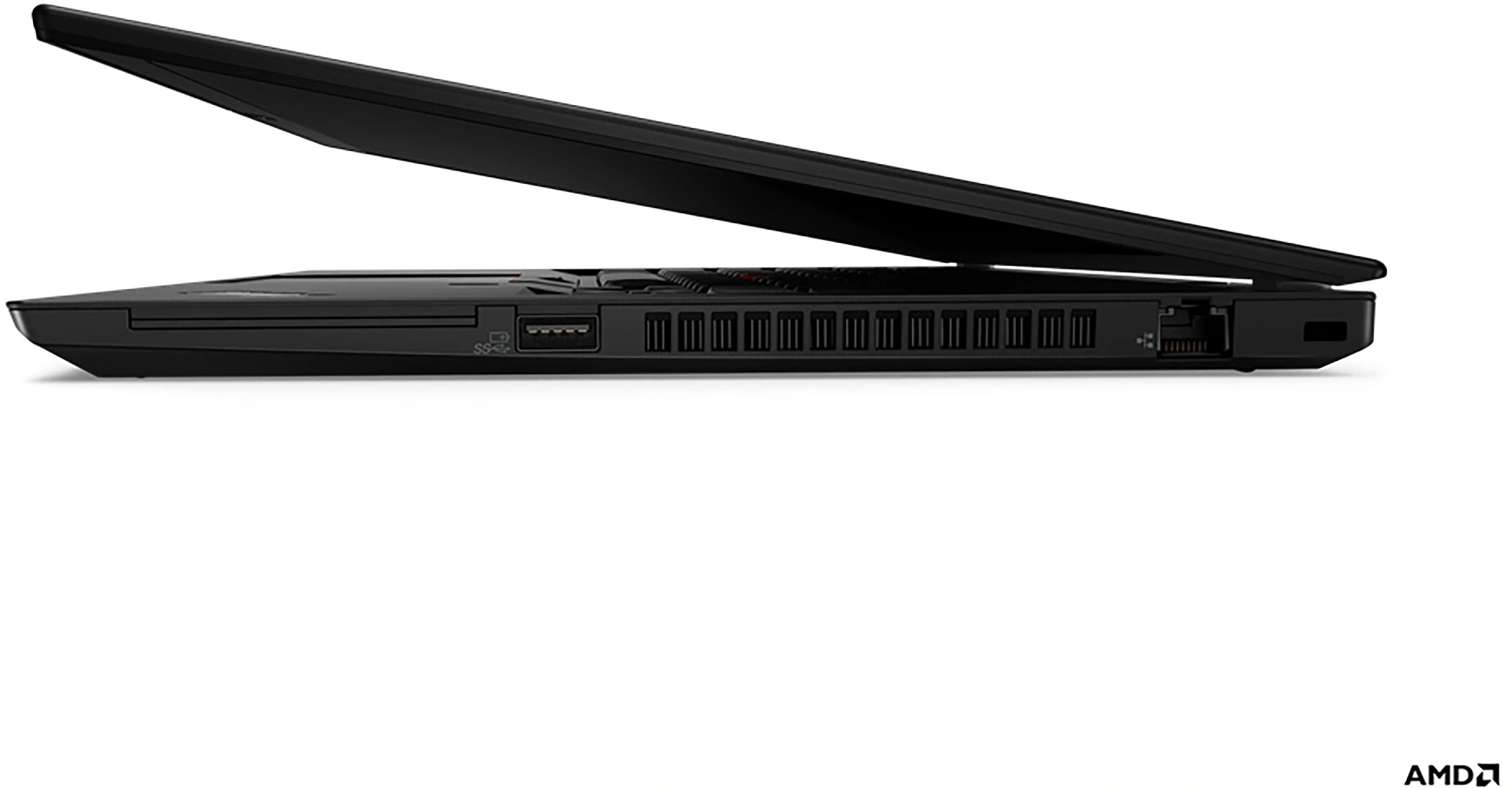 Zwarte laptop met het scherm open, met de poorten en het AMD-logo.