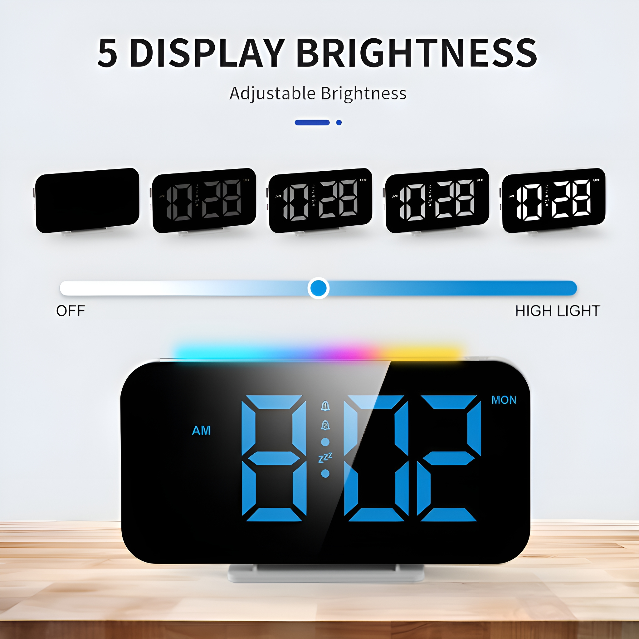 Digitaluhr mit fünf Helligkeitseinstellungen. Zeigt Zeit, AM und Tag an.