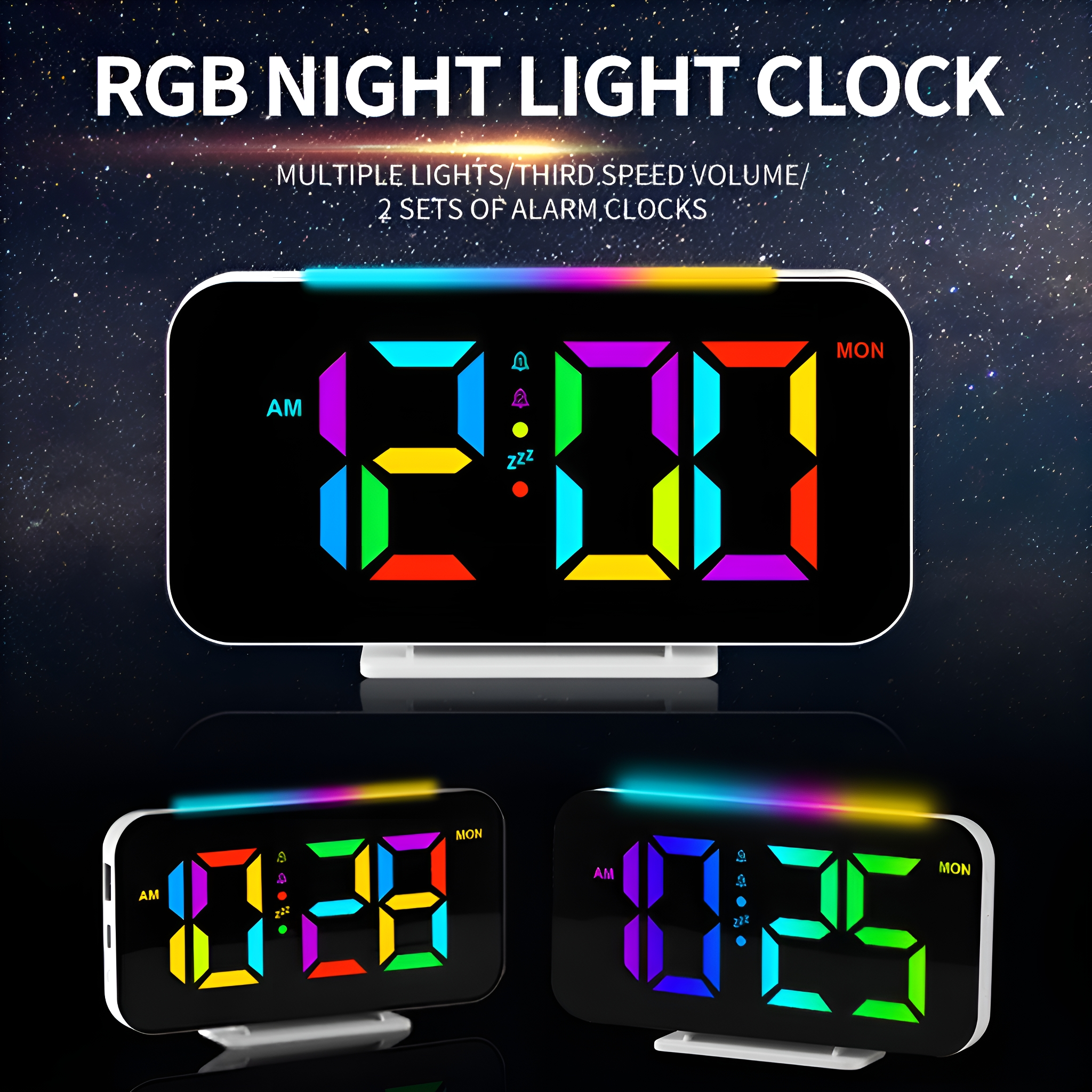 RGB-Nachtlichtuhr, die die Uhrzeit anzeigt. Auf dem Display werden mehrere Farben verwendet.