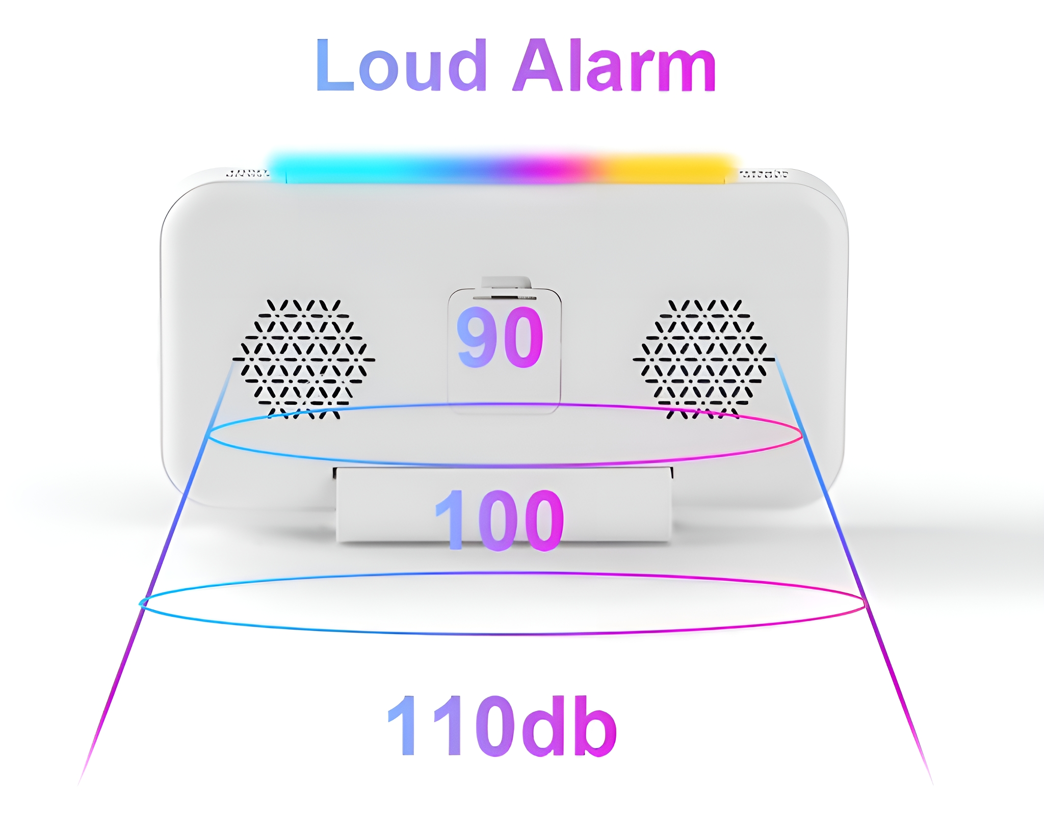 Weißer Wecker mit dem Wort "Loud Alarm". Der Wecker hat einen Lautsprecher und Zahlen.