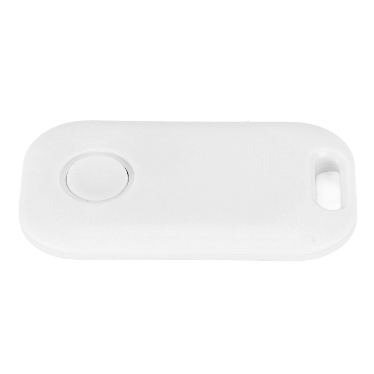 Weißer, oval geformter Schlüsselfinder mit Knopf und Loch. Einfaches, minimalistisches Design.