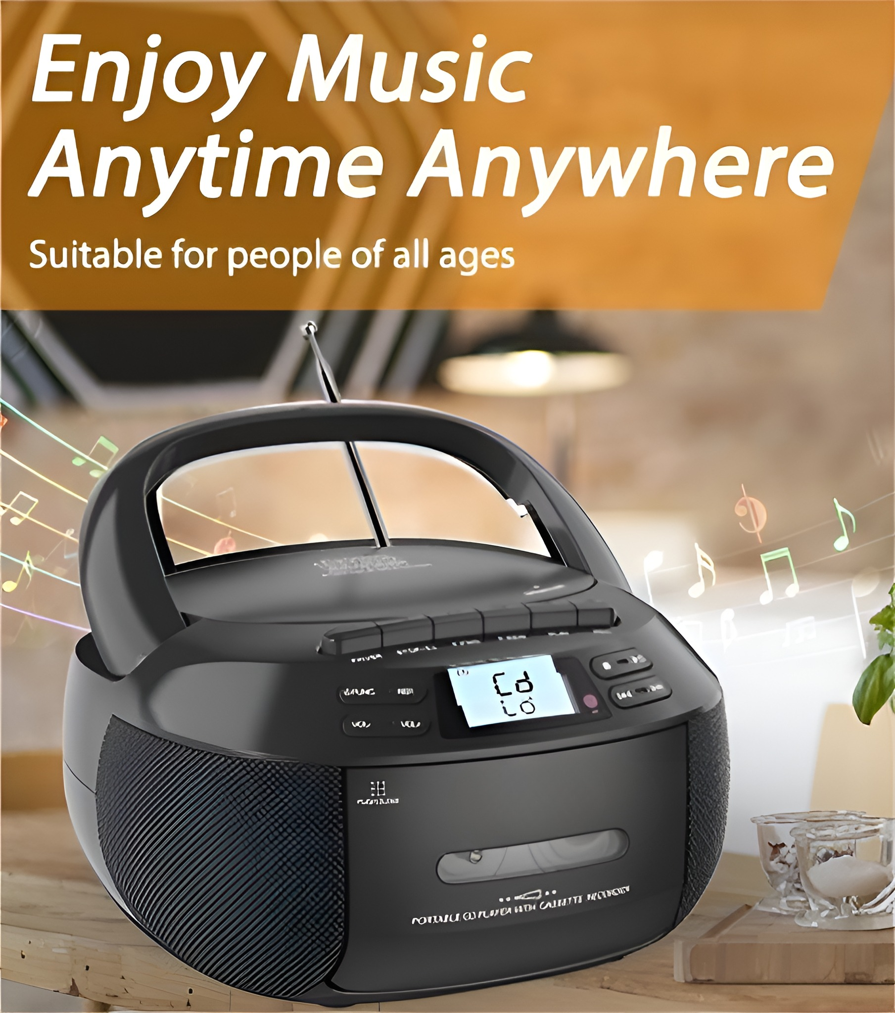 Schwarzes Radio mit Kassettenspieler und Display, mit Musiknoten drumherum.