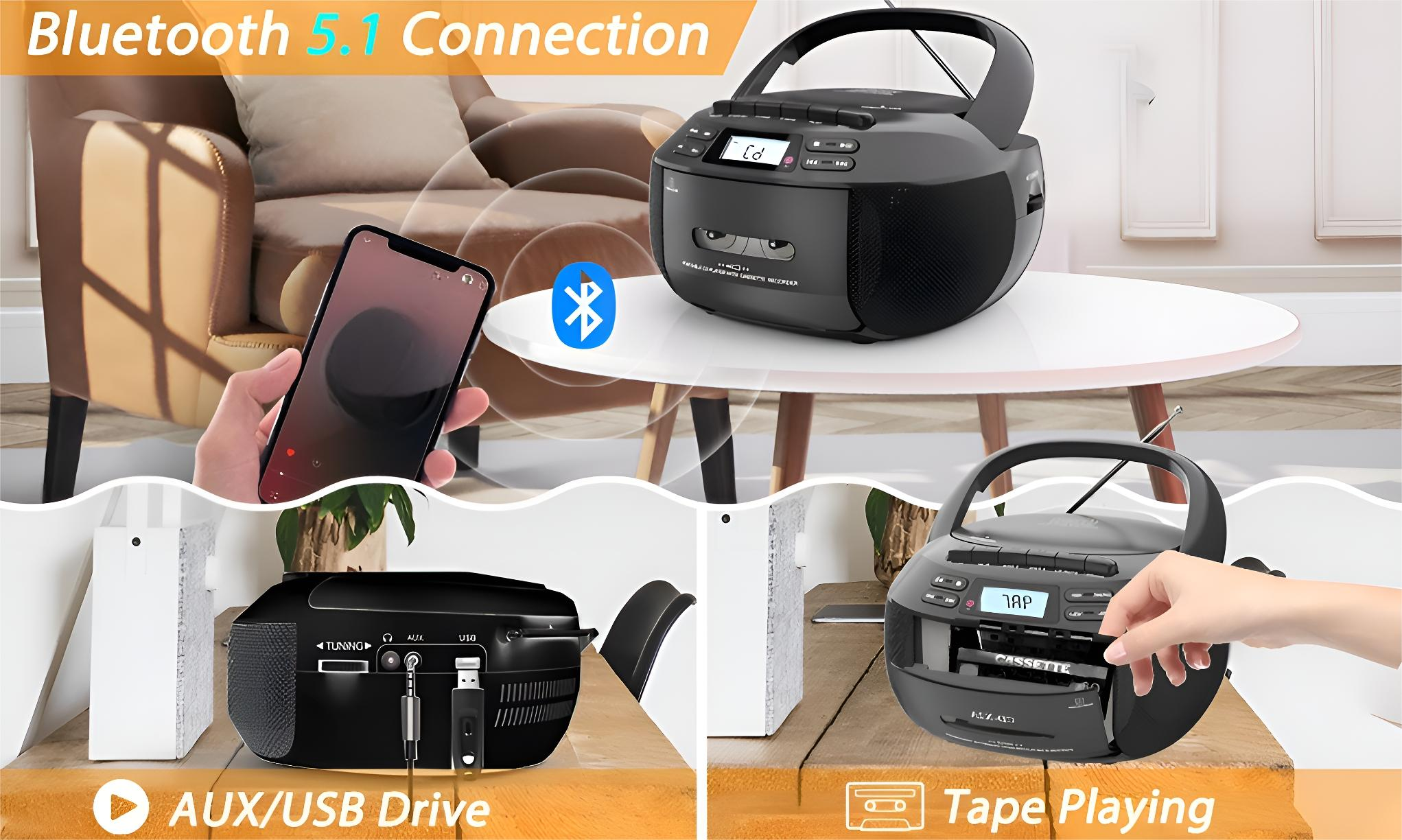 Mehrere Bilder zeigen eine Boombox mit Telefon- und Aux-Kabelanschluss.