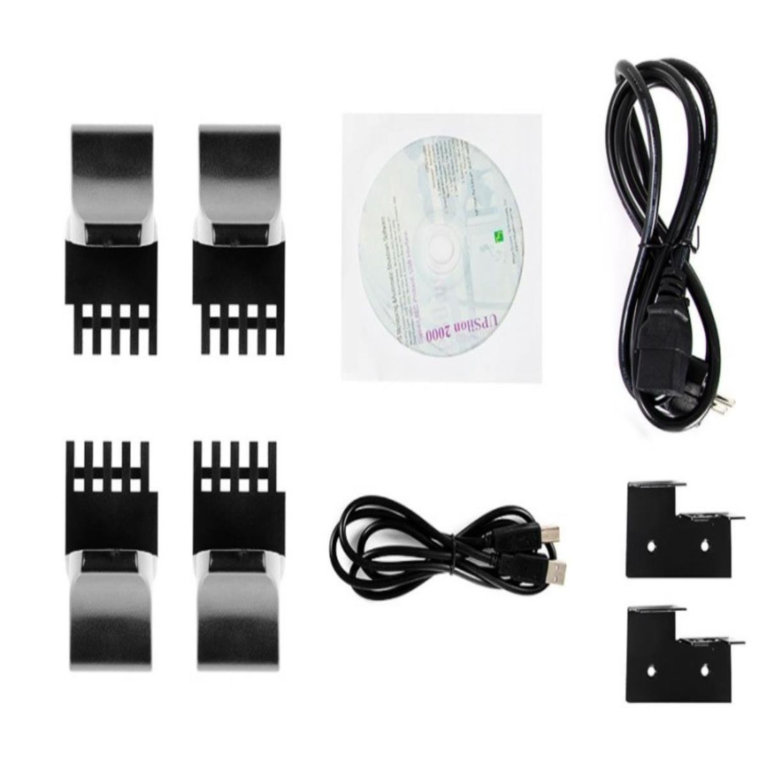 Elementy komputera: złącza, płyta CD i kable. Czarne złącza i kable.