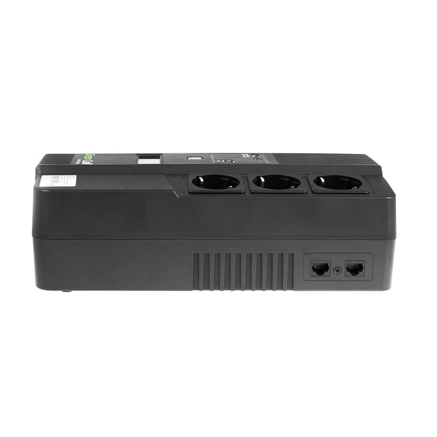 Dispositivo UPS nero con prese, porte e un'etichetta su sfondo bianco.