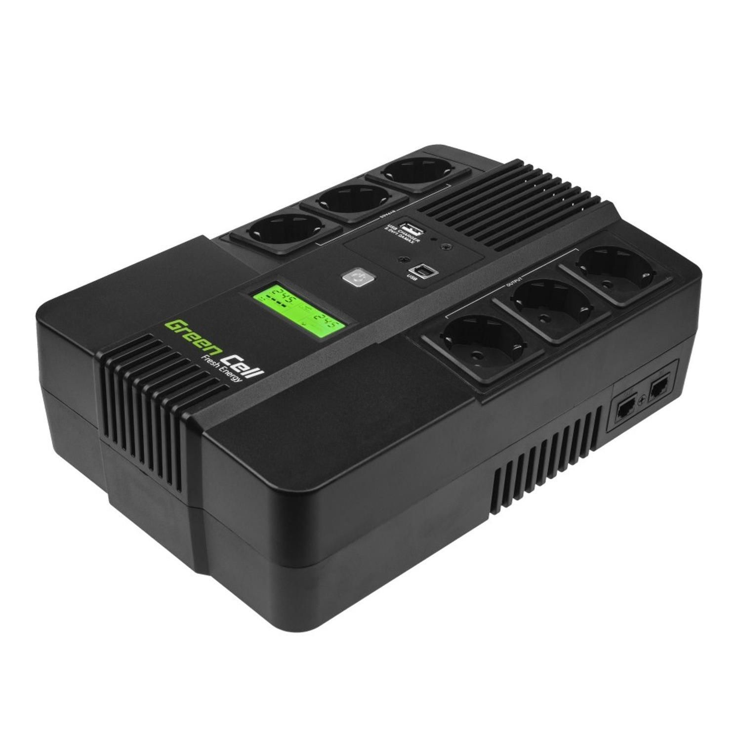 Un UPS nero con più prese di corrente e un display verde.