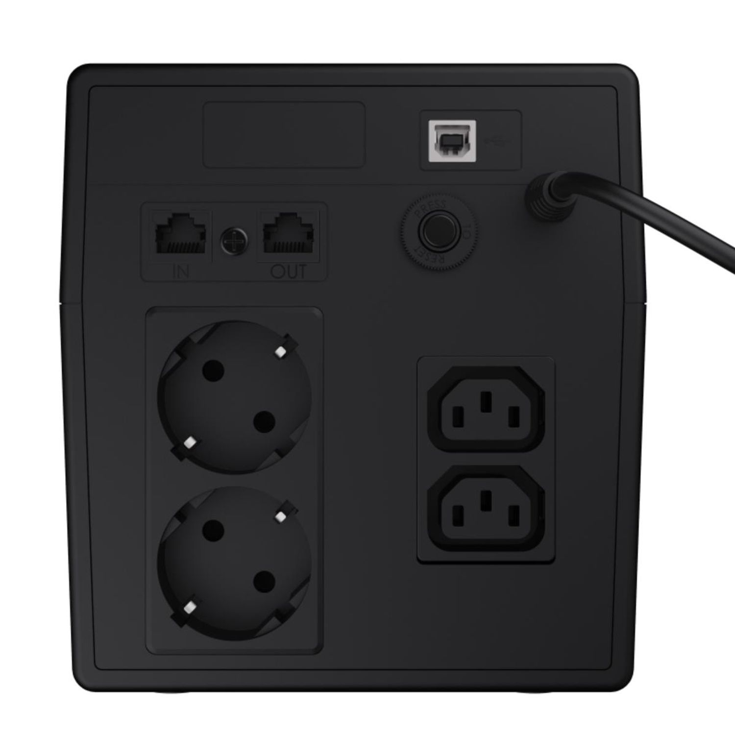 Tylny panel czarnego UPS. Posiada kilka gniazd, port USB i przycisk zasilania. Na białym tle.