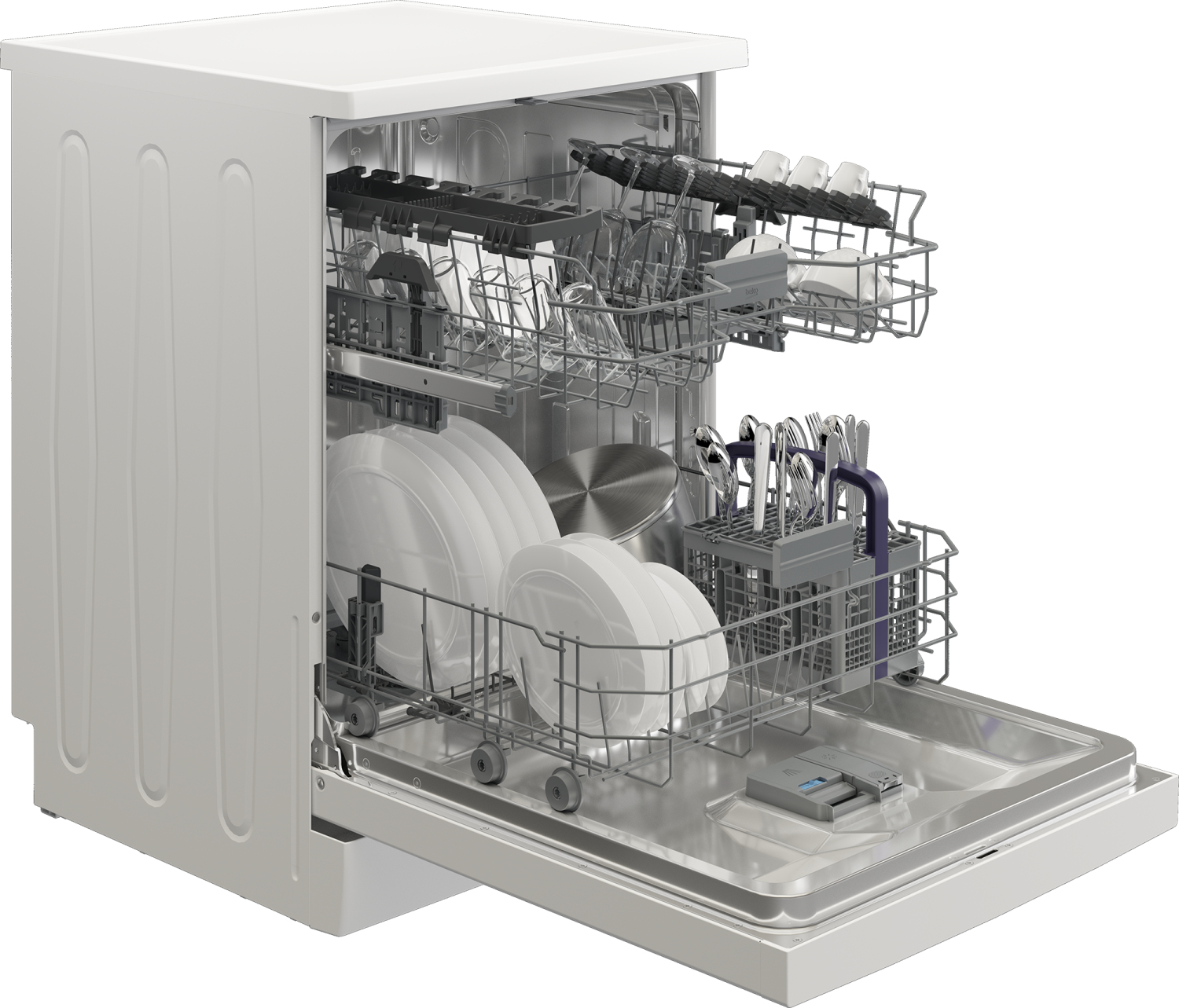 Zmywarka z otwartymi drzwiami, pokazująca talerze, sztućce i mechanizmy czyszczące. Białe tło.