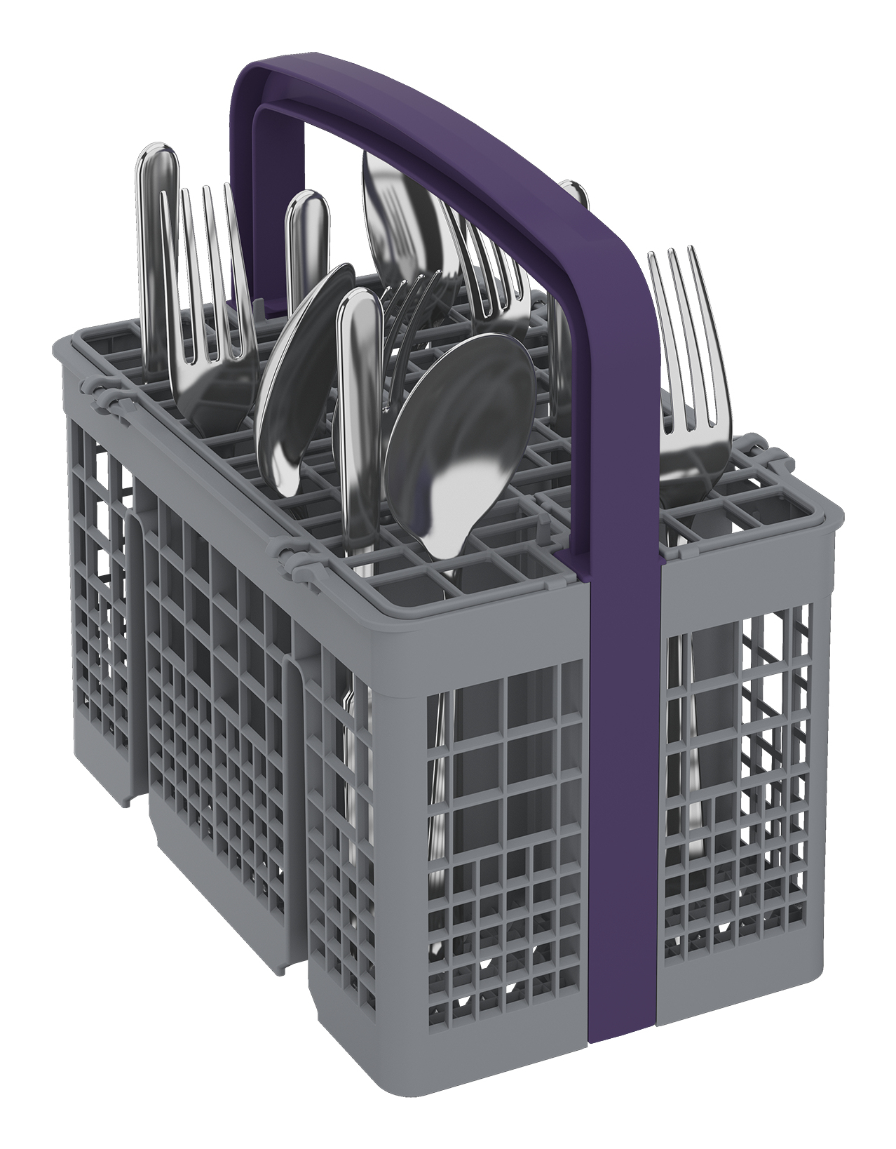 Koszyk na sztućce do zmywarki wypełniony srebrnymi sztućcami. Szaro-fioletowa kolorystyka.