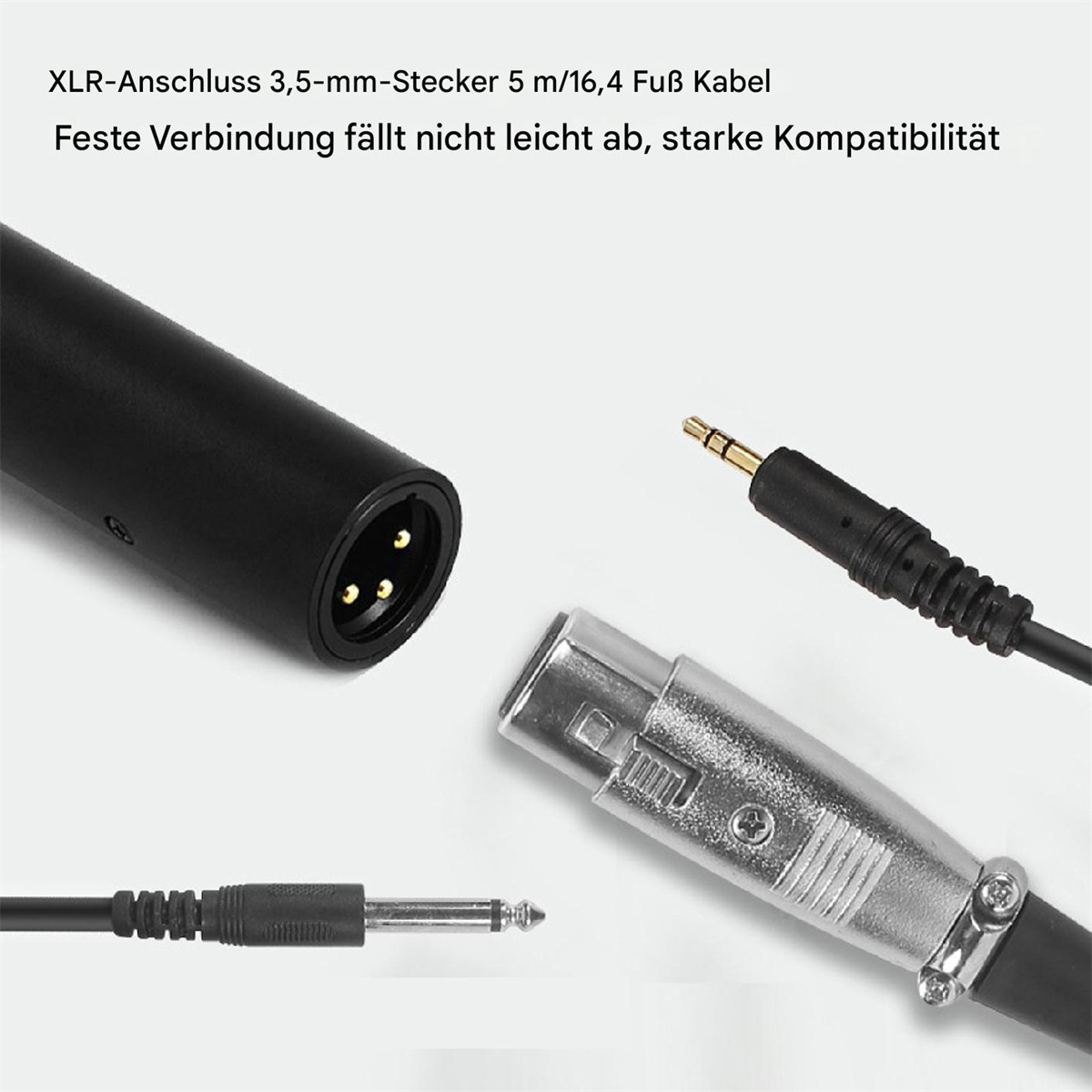 Nahaufnahme von XLR- und 3,5-mm-Anschlüssen mit Kabeln auf hellem Hintergrund.