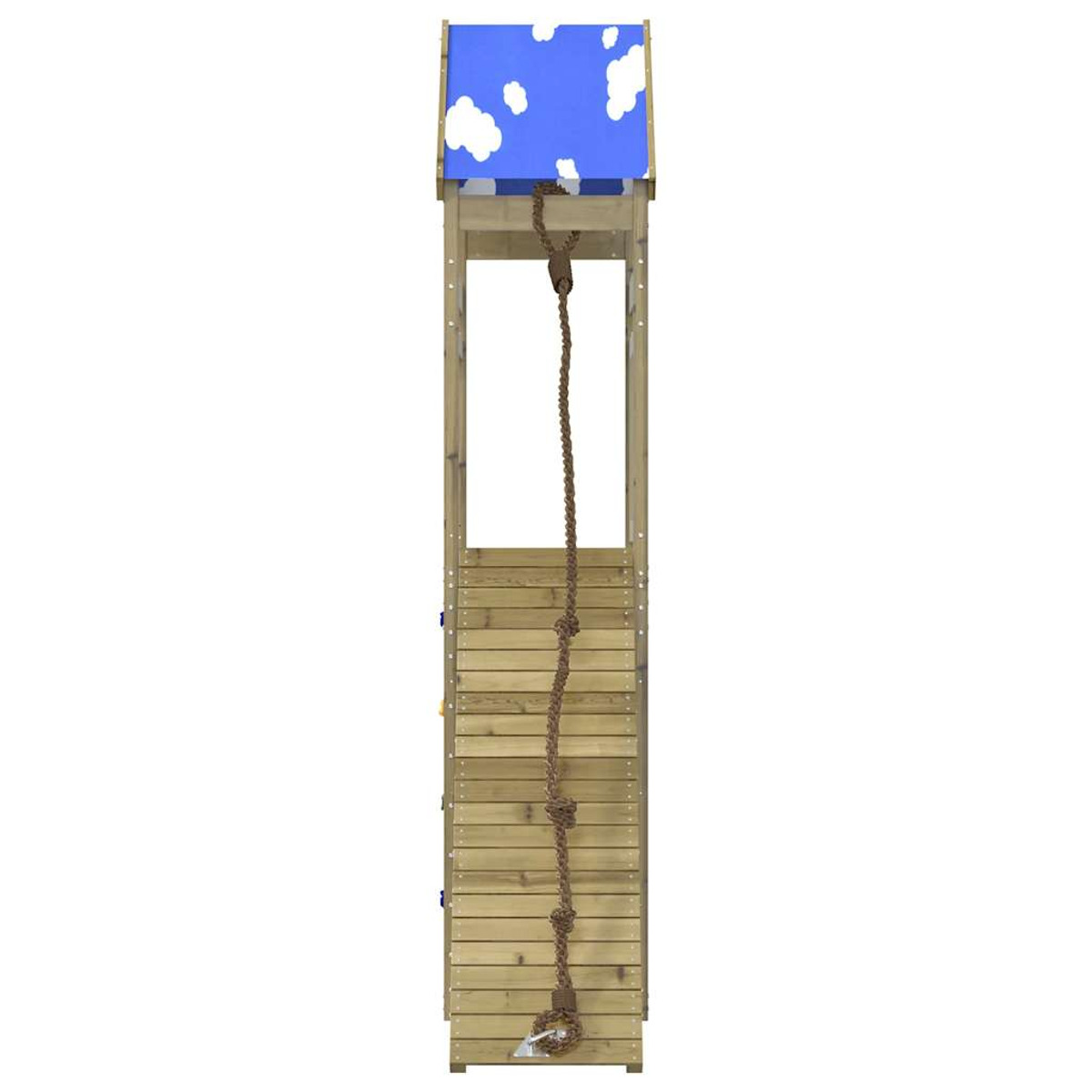 Struttura per arrampicata in legno con tetto blu e corda per arrampicata.