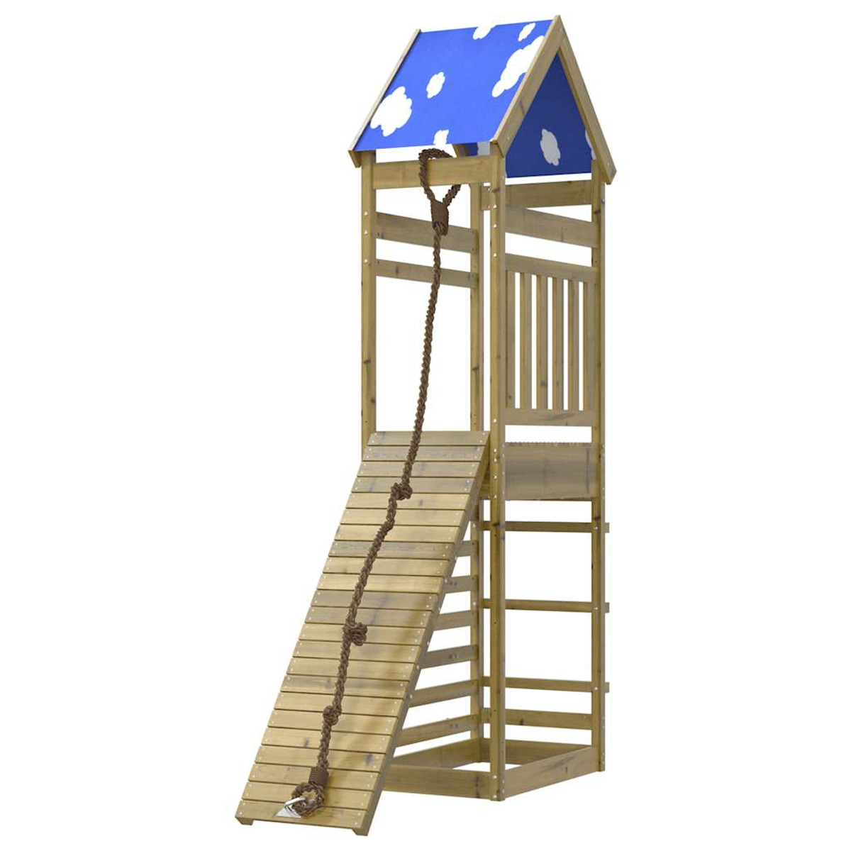 Torre giochi in legno con scivolo e scala di corda. Tetto blu e bianco.