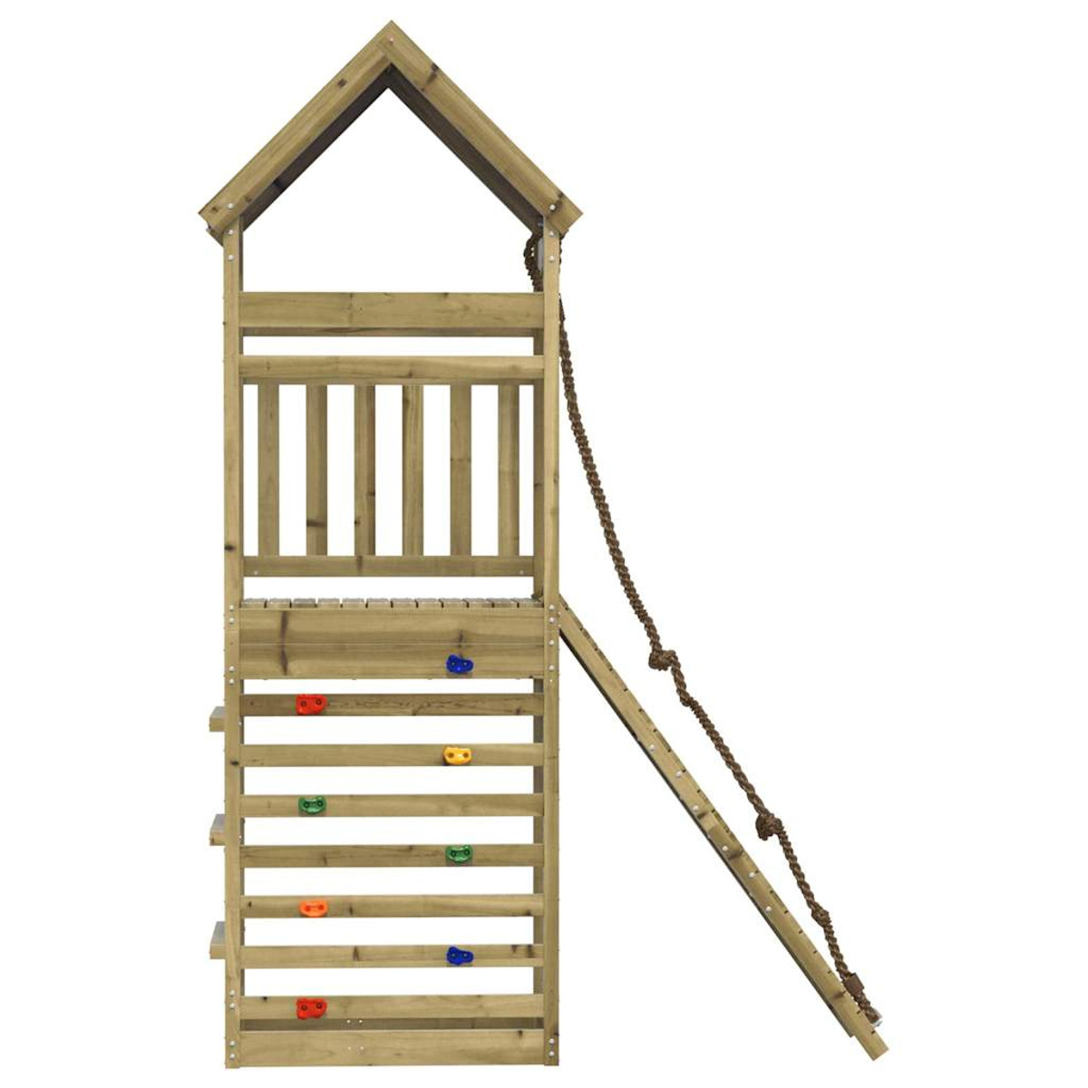 Un parco giochi in legno con una parete da arrampicata, una scala e una corda. È su uno sfondo bianco.