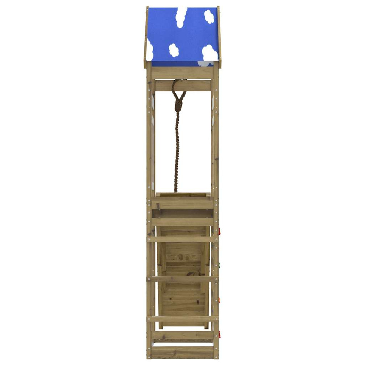 Una struttura di gioco in legno alta con tetto blu e corda. Ci sono delle scale.