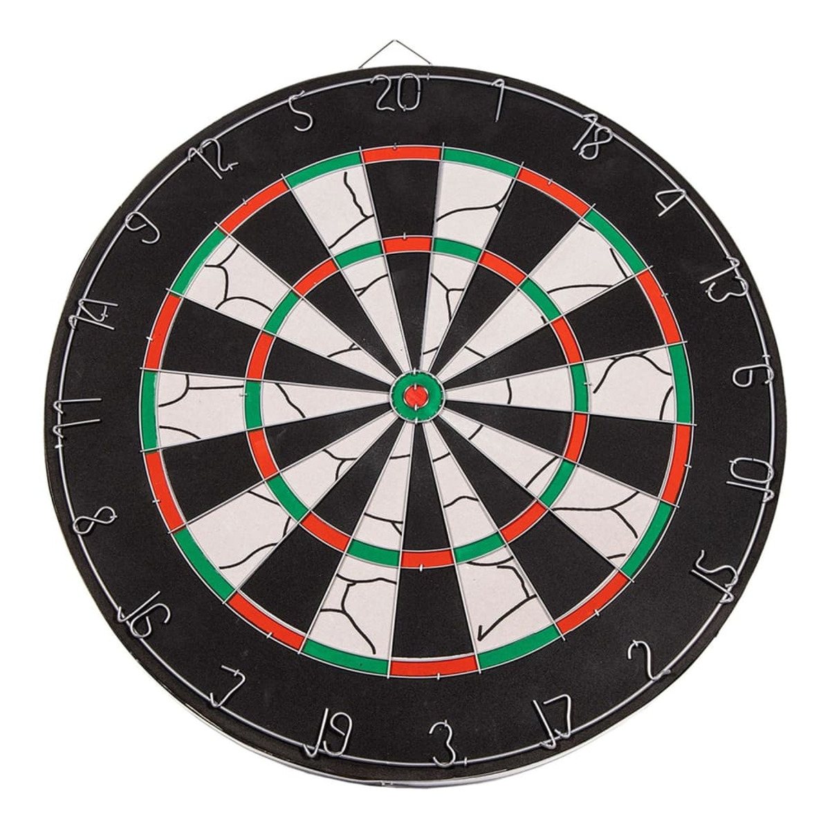 Dartscheibe mit schwarzem Hintergrund, weißen Sektionen, roten und grünen Ringen und Zahlen.