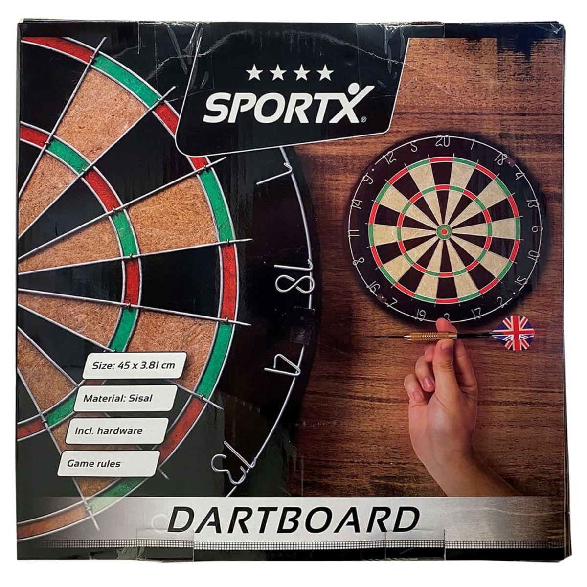 Eine Dartscheibenbox mit Dartscheibe und Darts. Hand, die einen Dart hält. Braun- und Grüntöne.