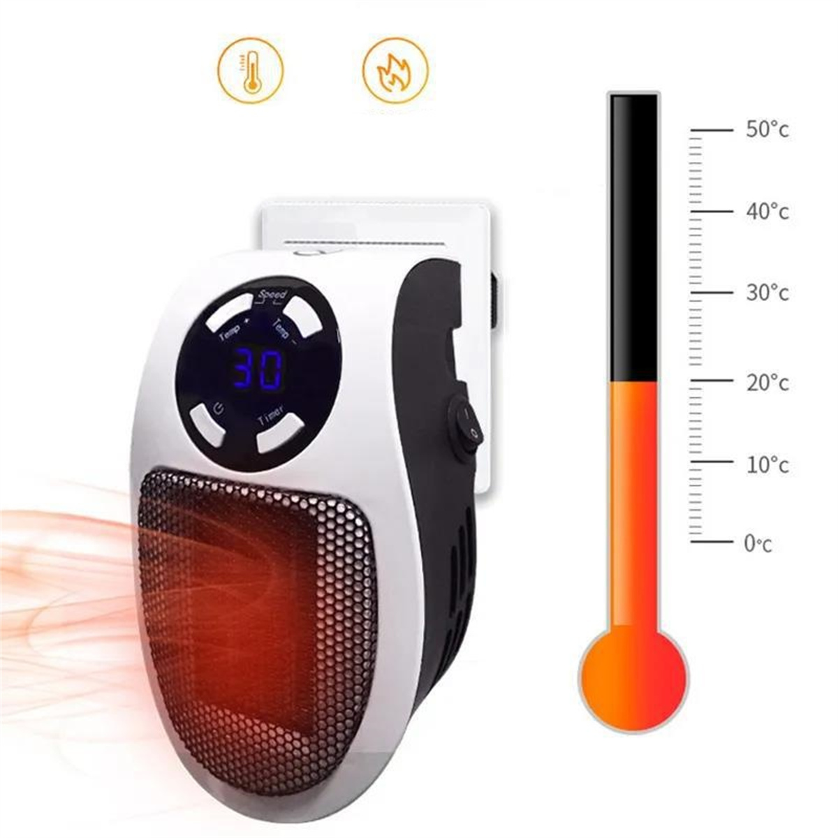 Weiß-schwarzer Elektroheizer, der in eine Wand eingesteckt ist. Rechts ist ein Thermometer.